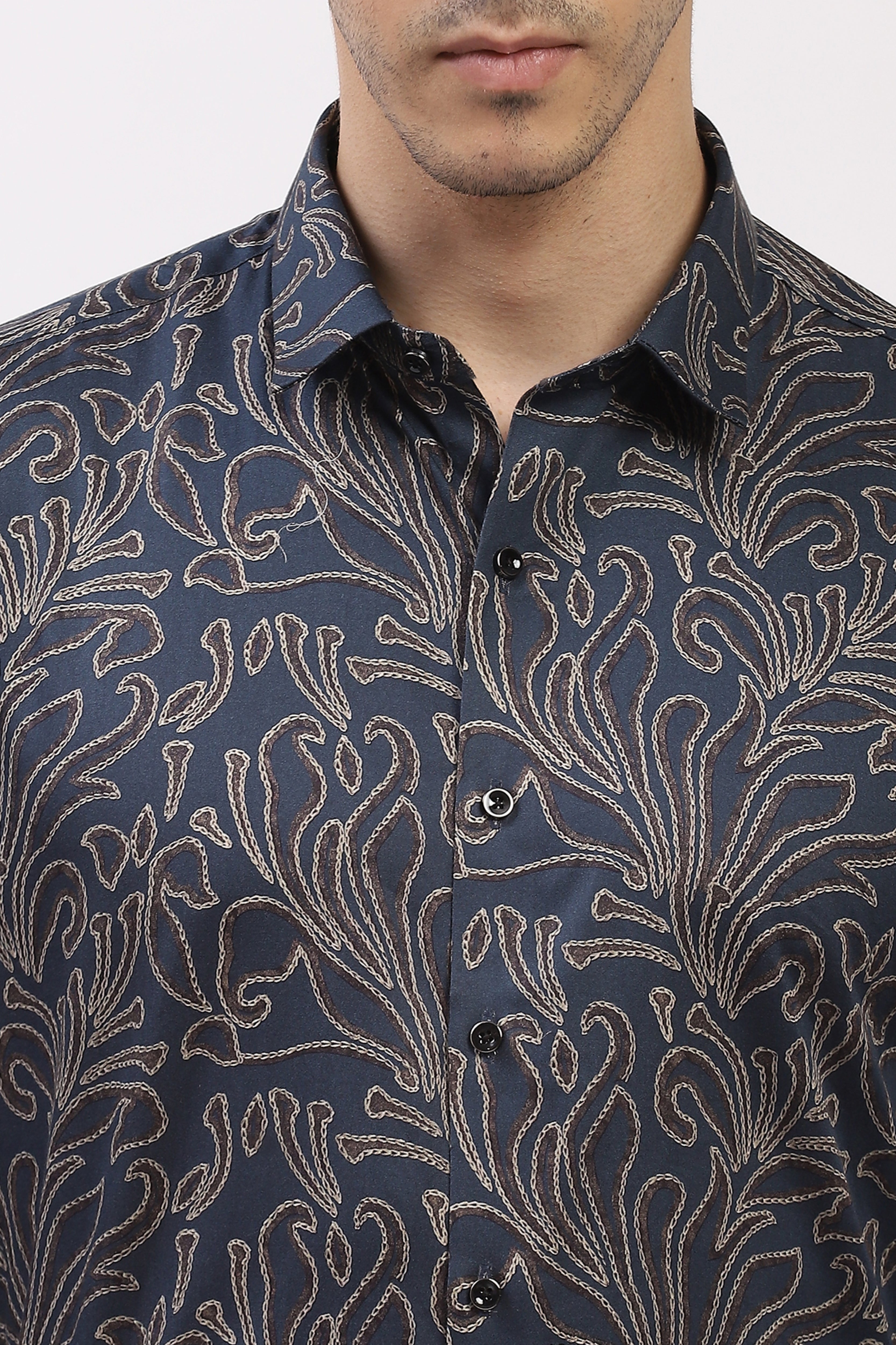 Teal Abstract Print Cotton Blend Shirt