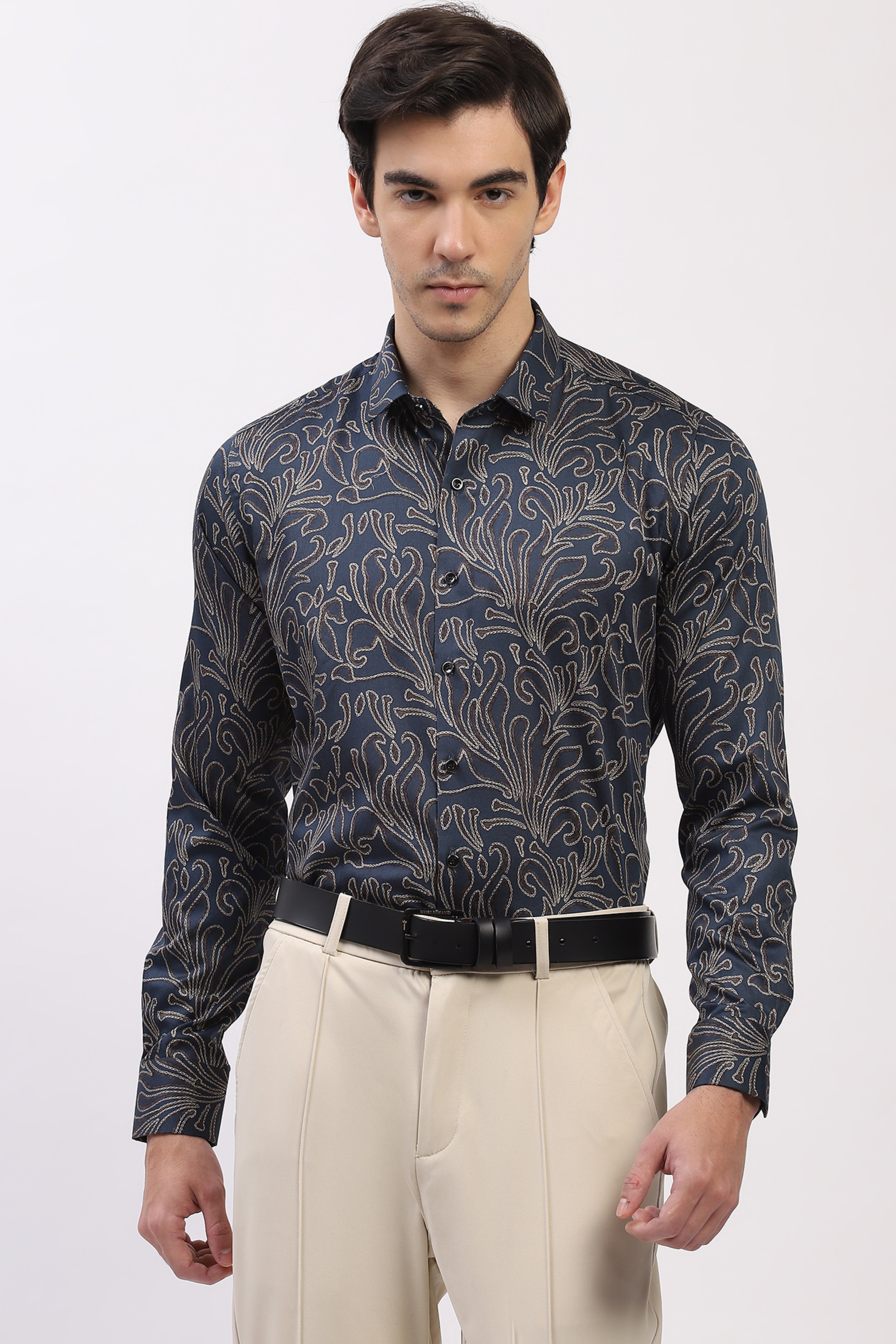 Teal Abstract Print Cotton Blend Shirt