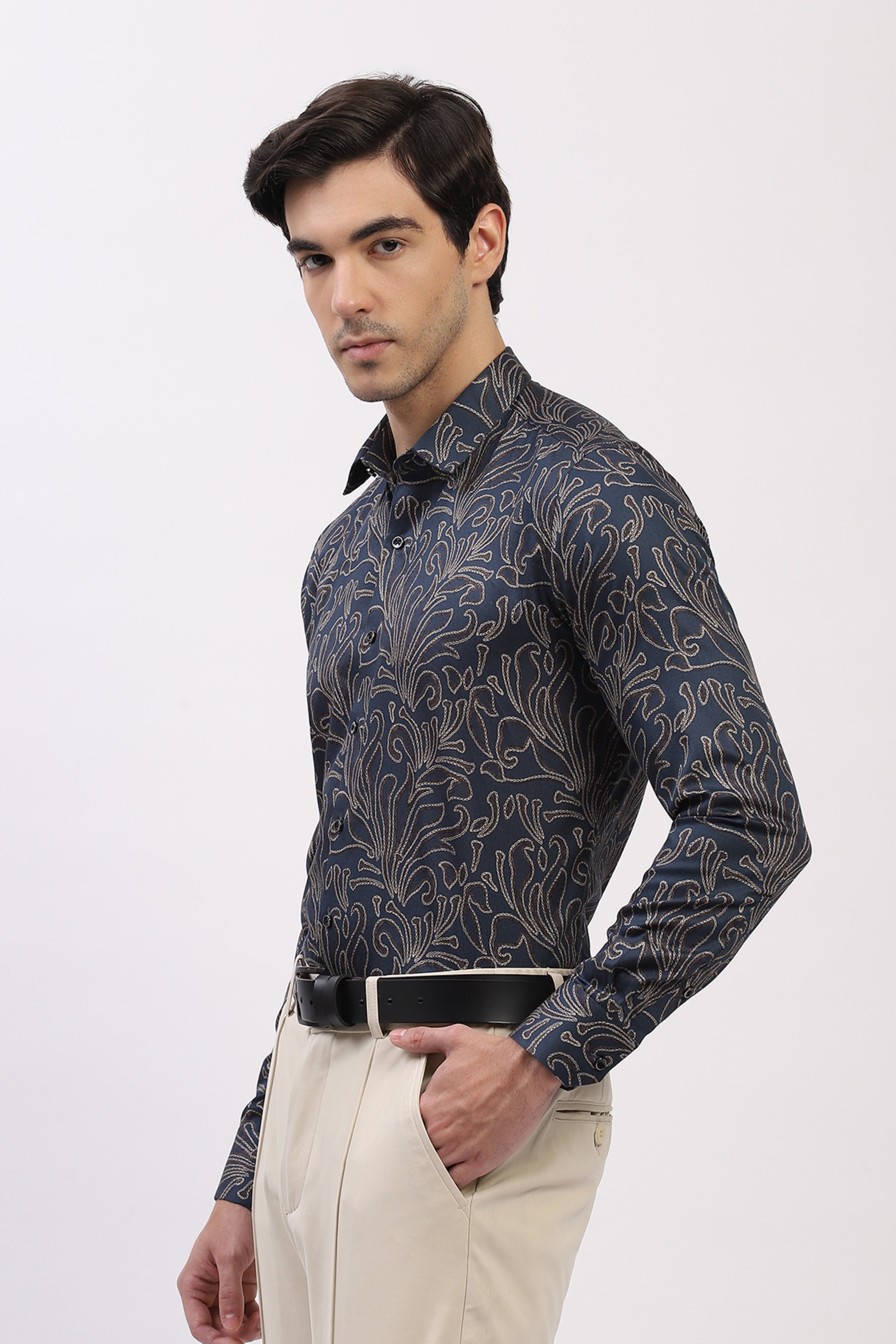 Teal Abstract Print Cotton Blend Shirt