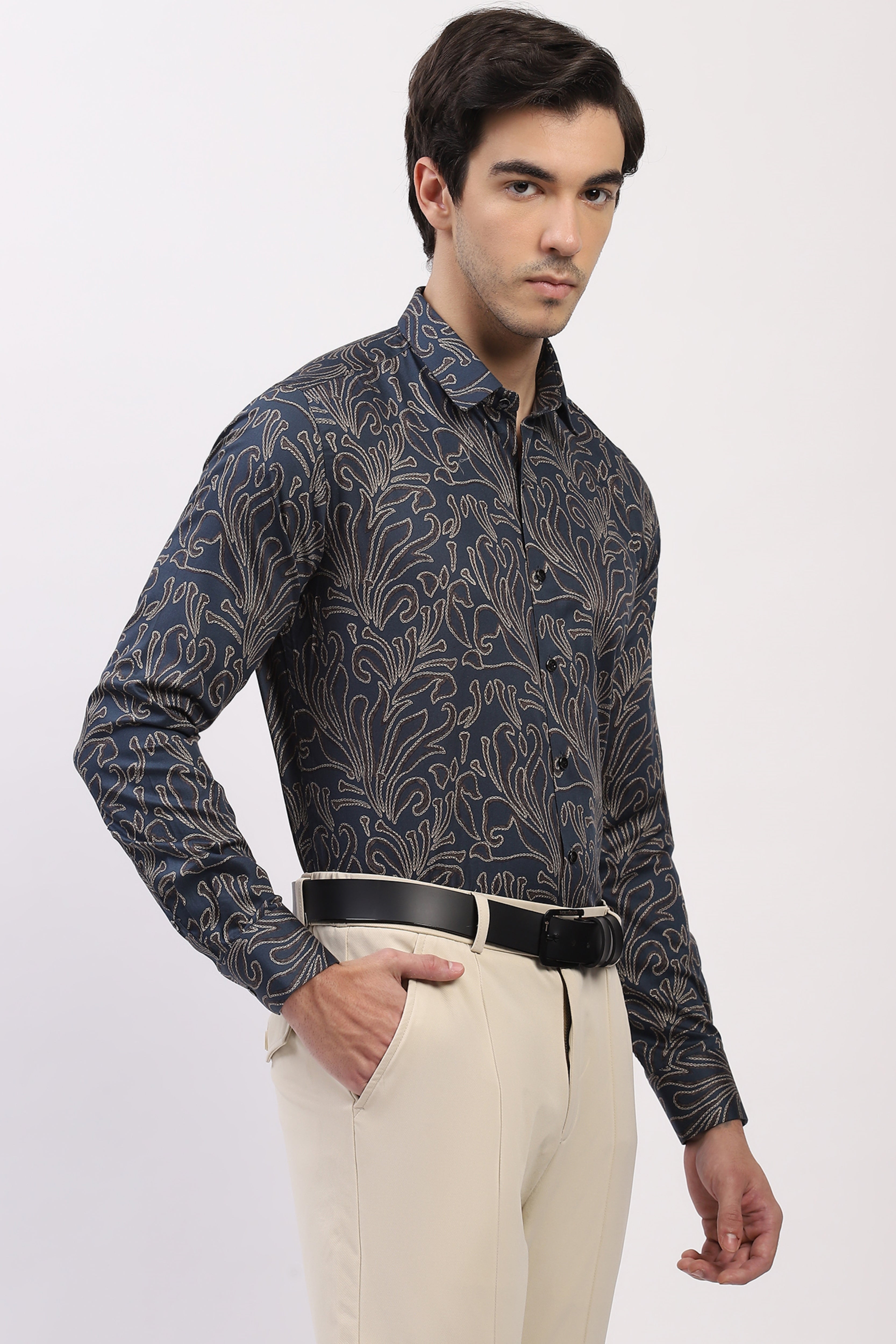 Teal Abstract Print Cotton Blend Shirt