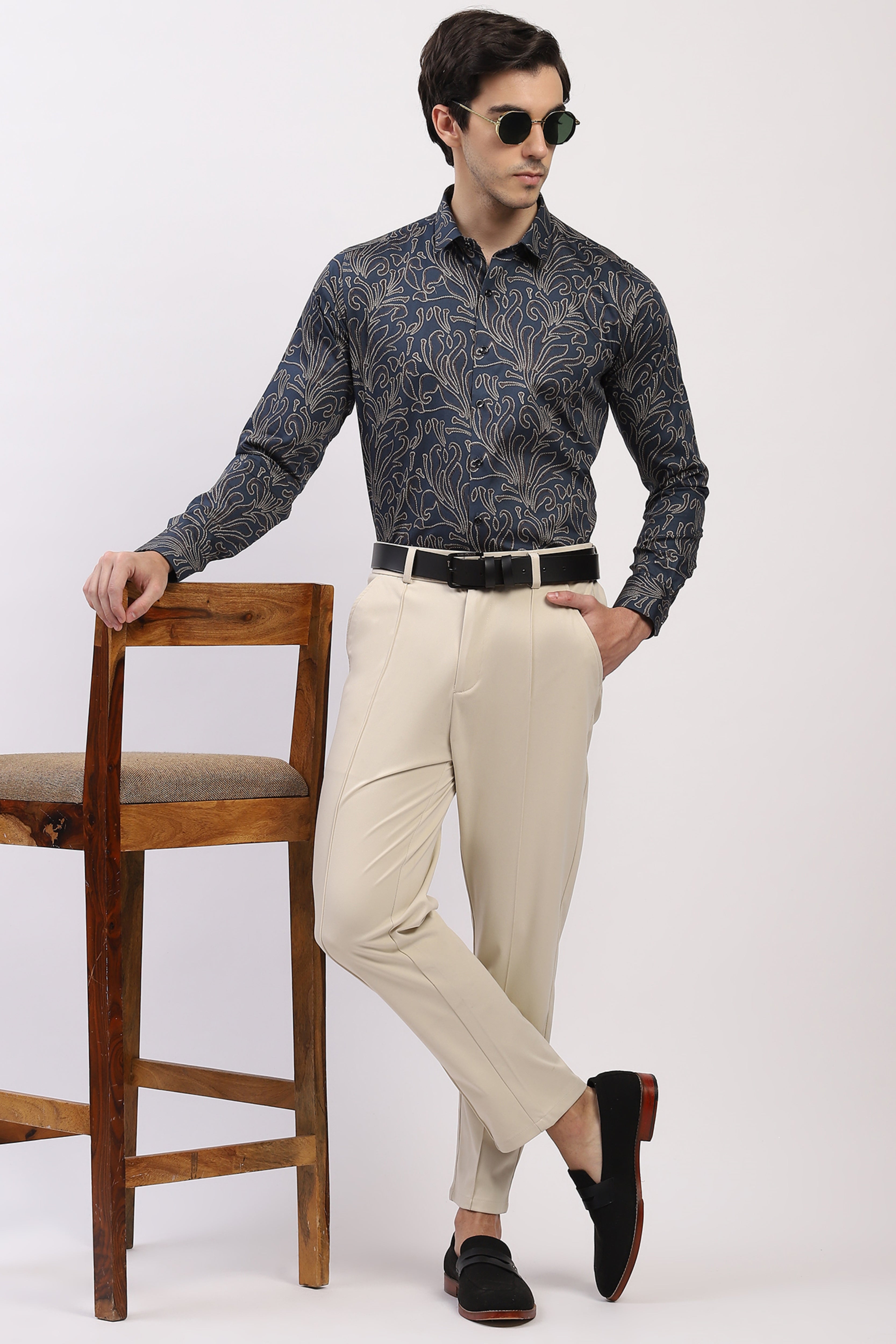 Teal Abstract Print Cotton Blend Shirt