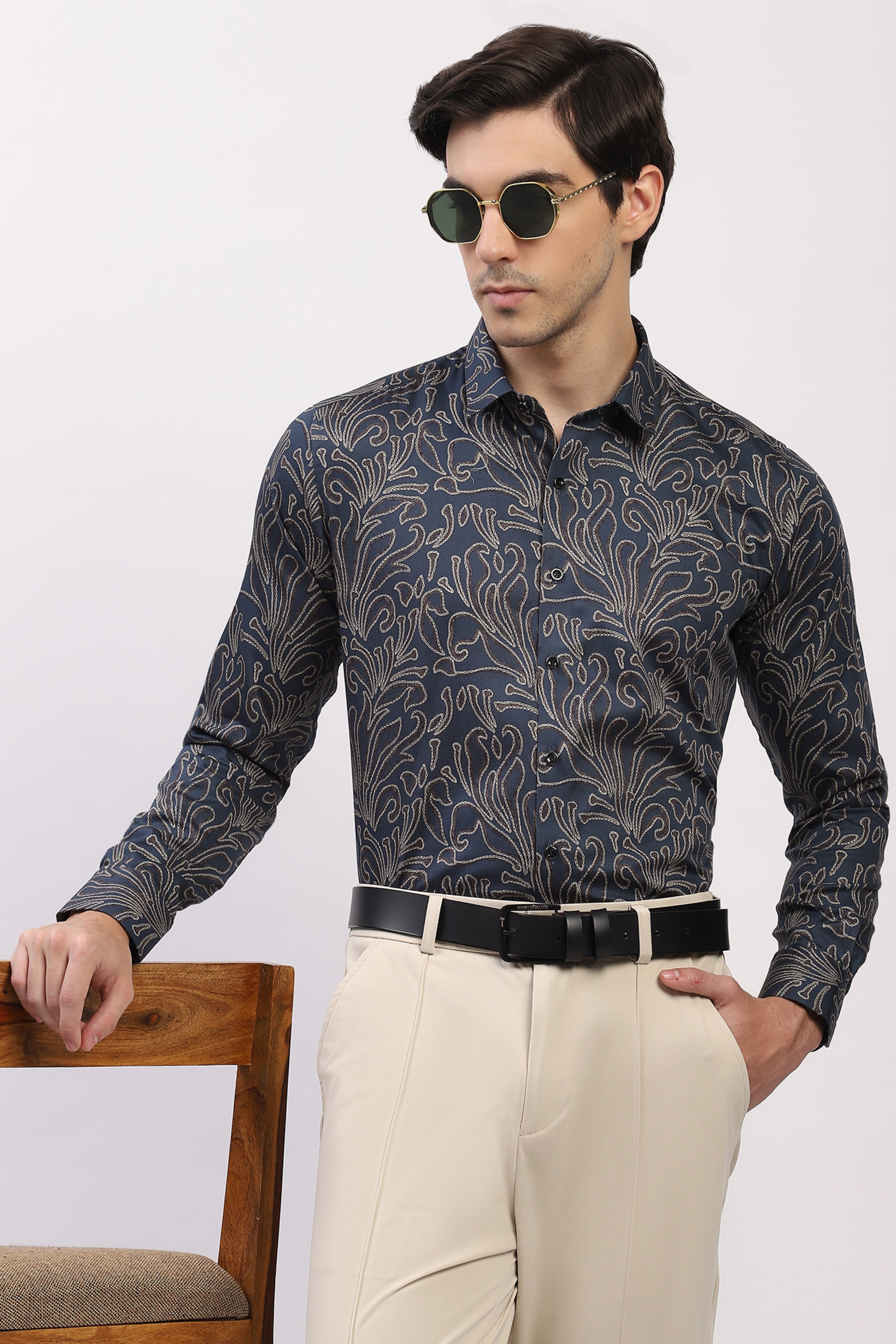 Teal Abstract Print Cotton Blend Shirt