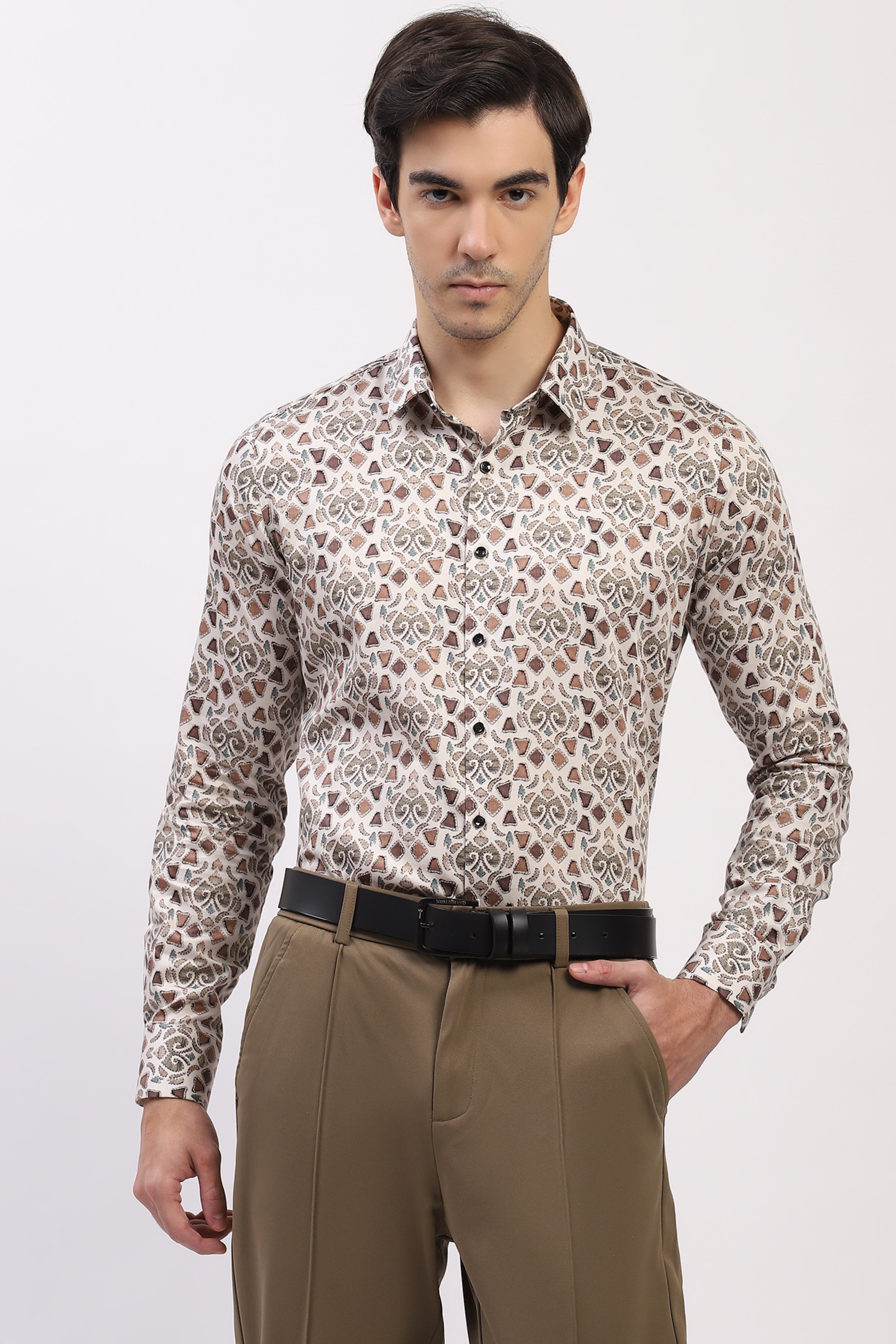 Cream Abstract Print Cotton Blend Shirt