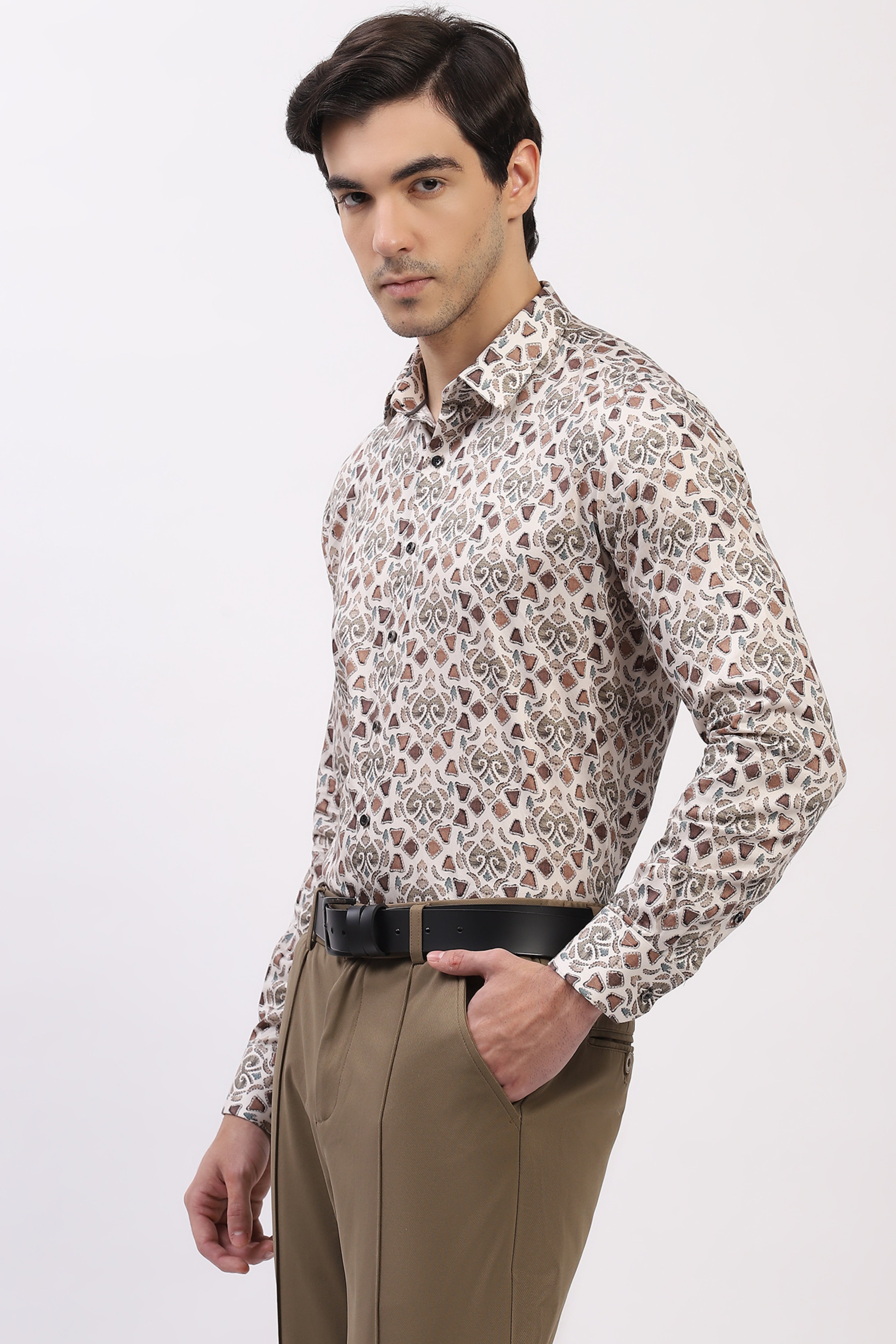 Cream Abstract Print Cotton Blend Shirt