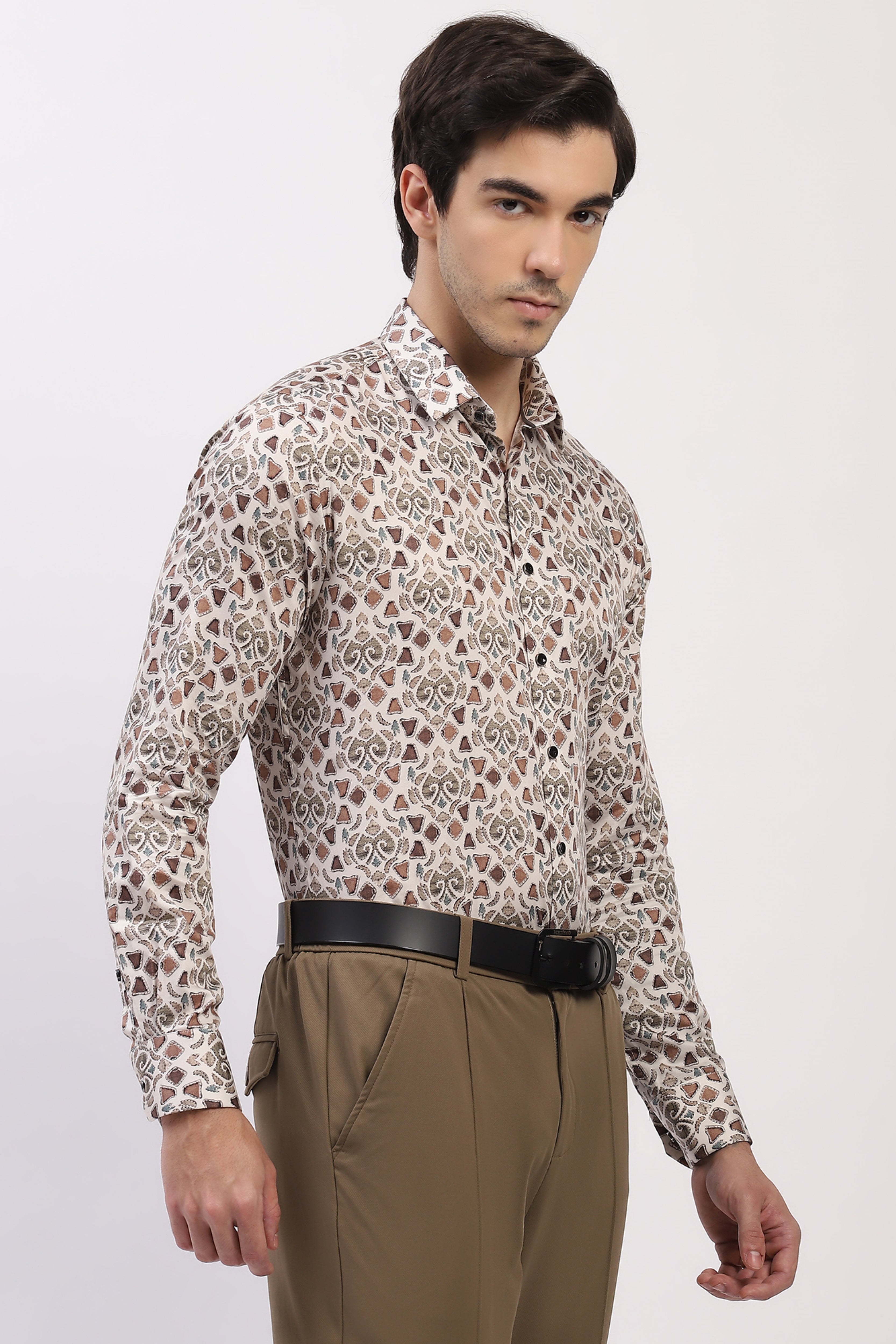Cream Abstract Print Cotton Blend Shirt