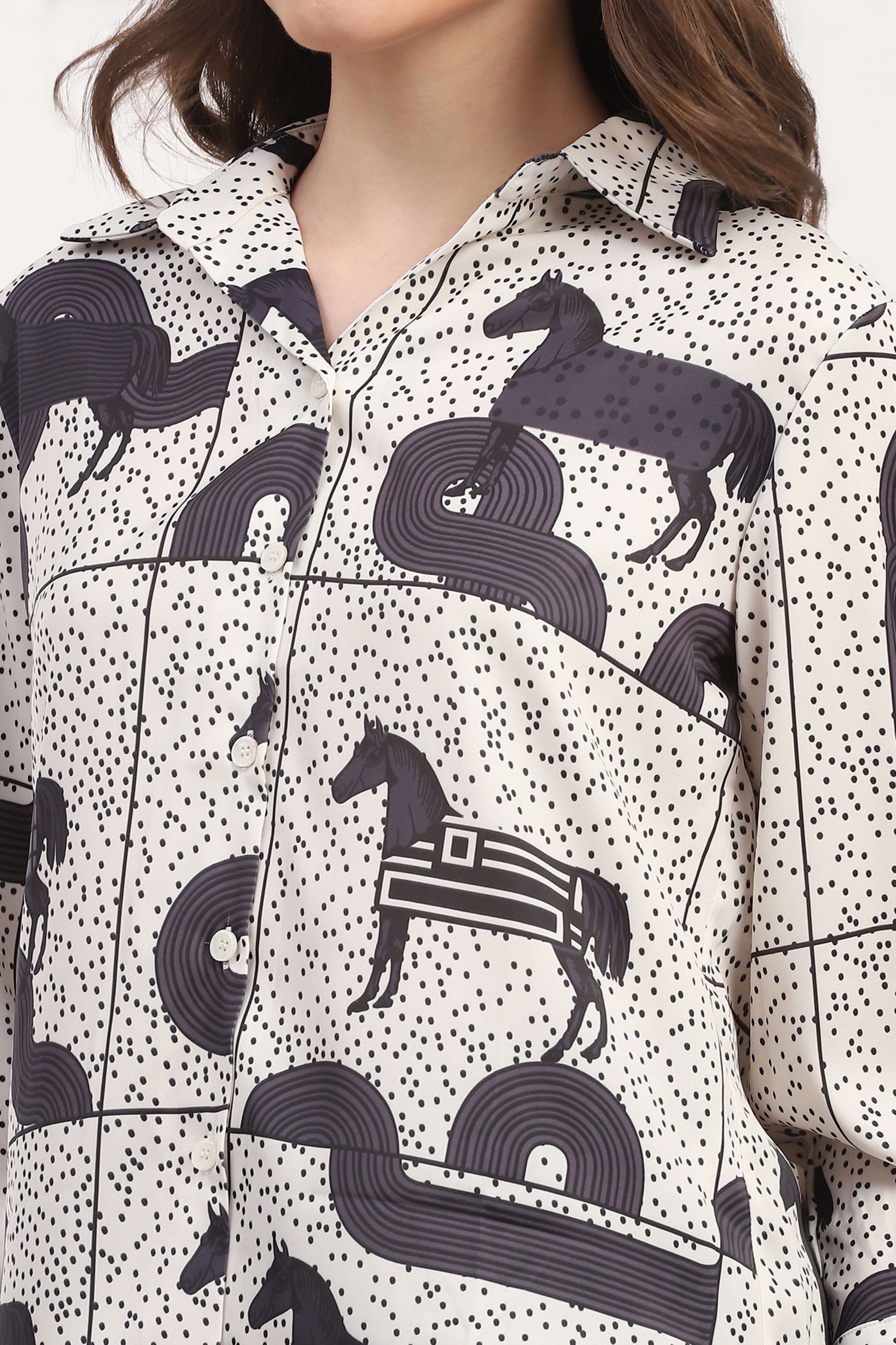 Cream Poly Satin Printed Shirt
