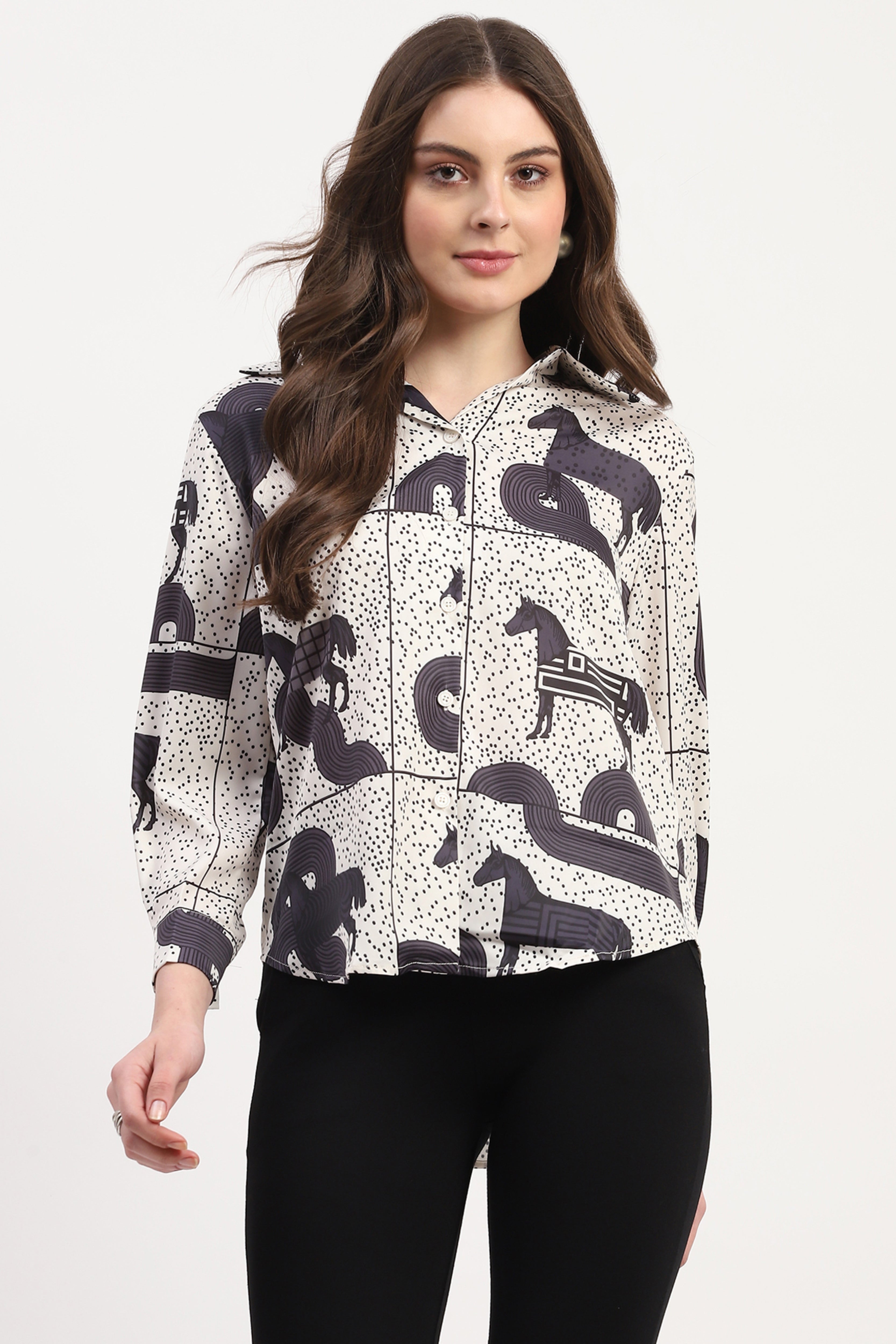 Cream Poly Satin Printed Shirt