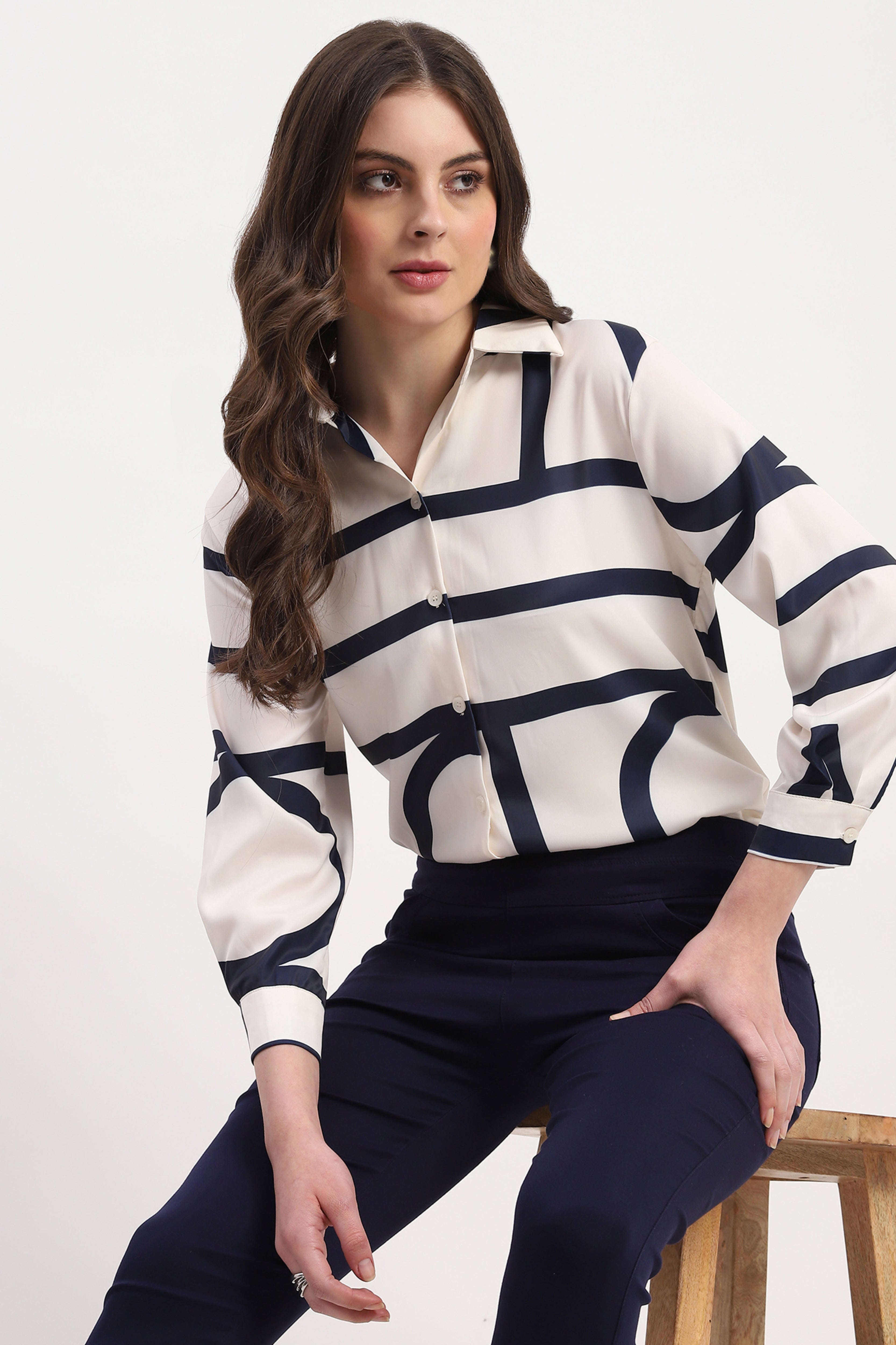 Cream Poly Satin Abstract Print Shirt