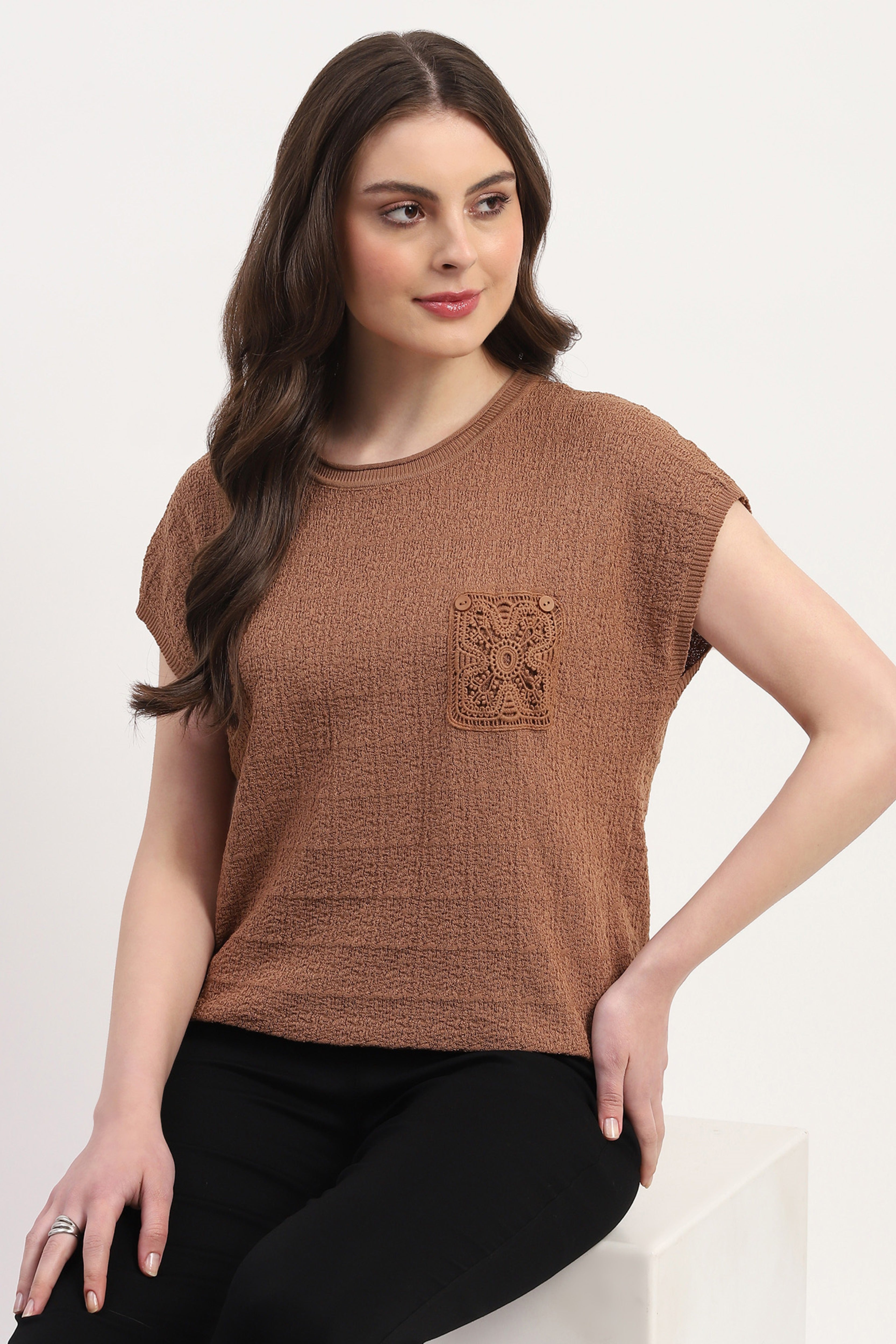 Brown Viscose Blend Textured Top