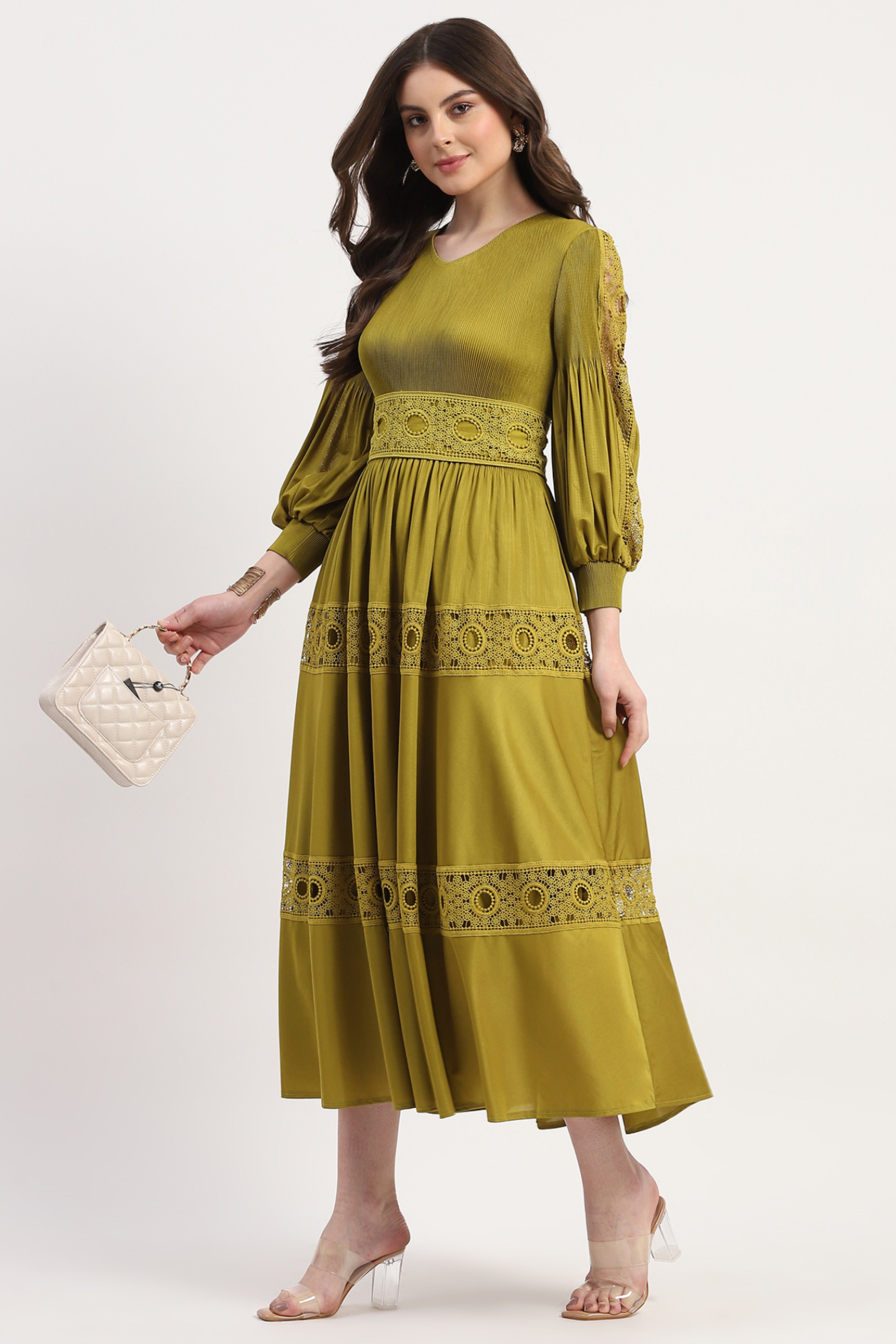 Green Polyester Solid Dress