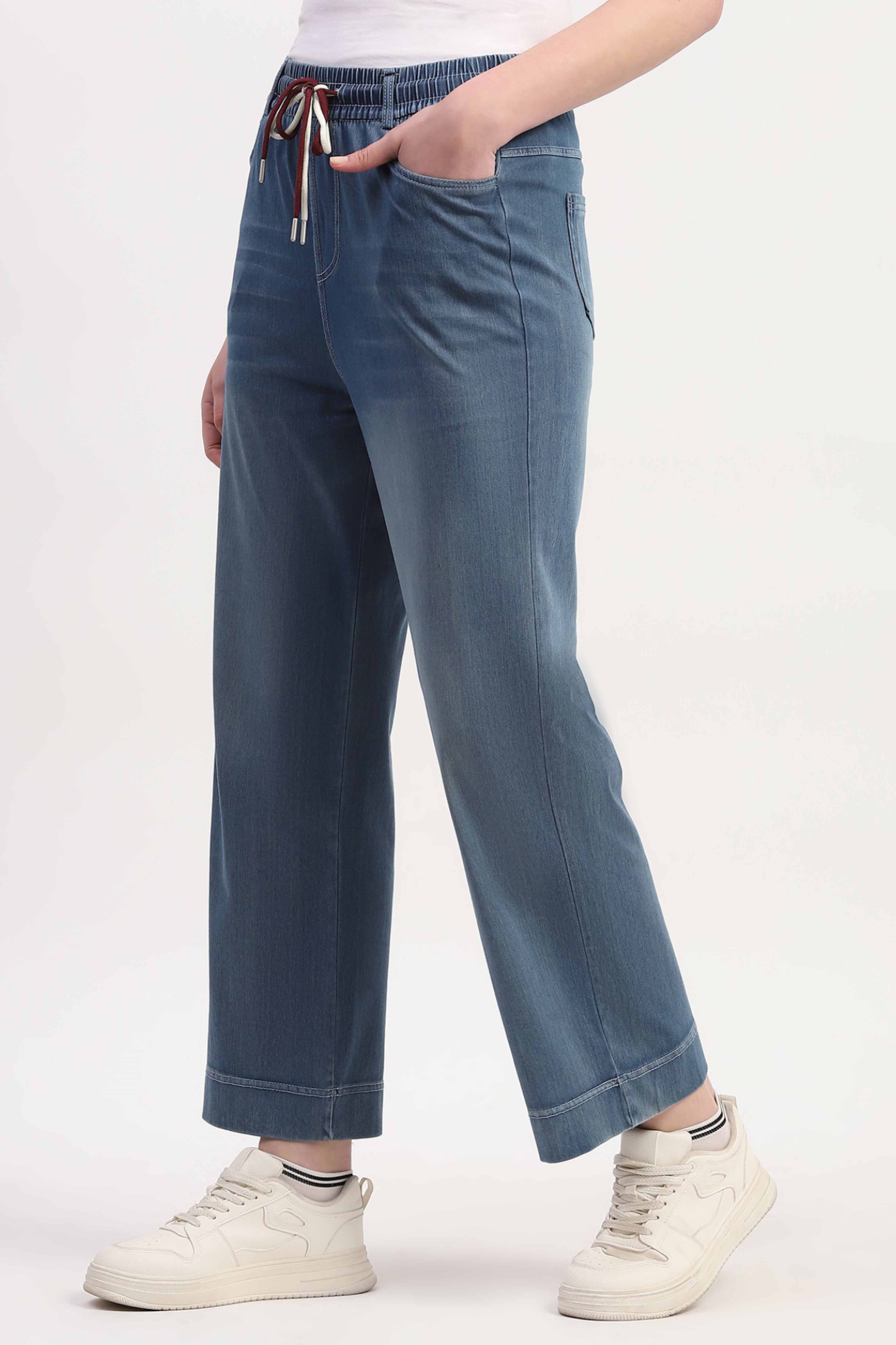 Blue Cotton Blend Solid Lower