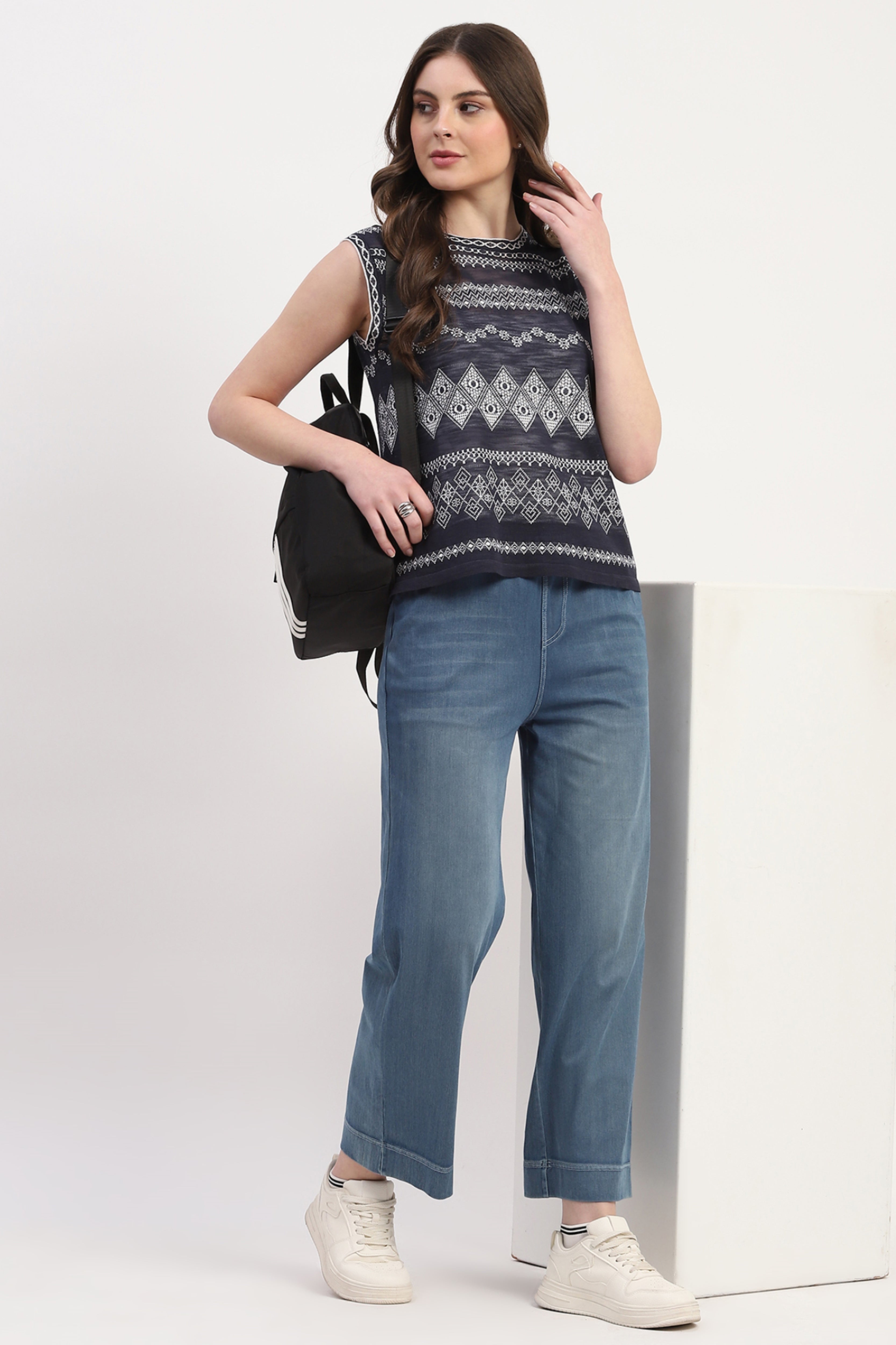 Blue Cotton Blend Solid Lower