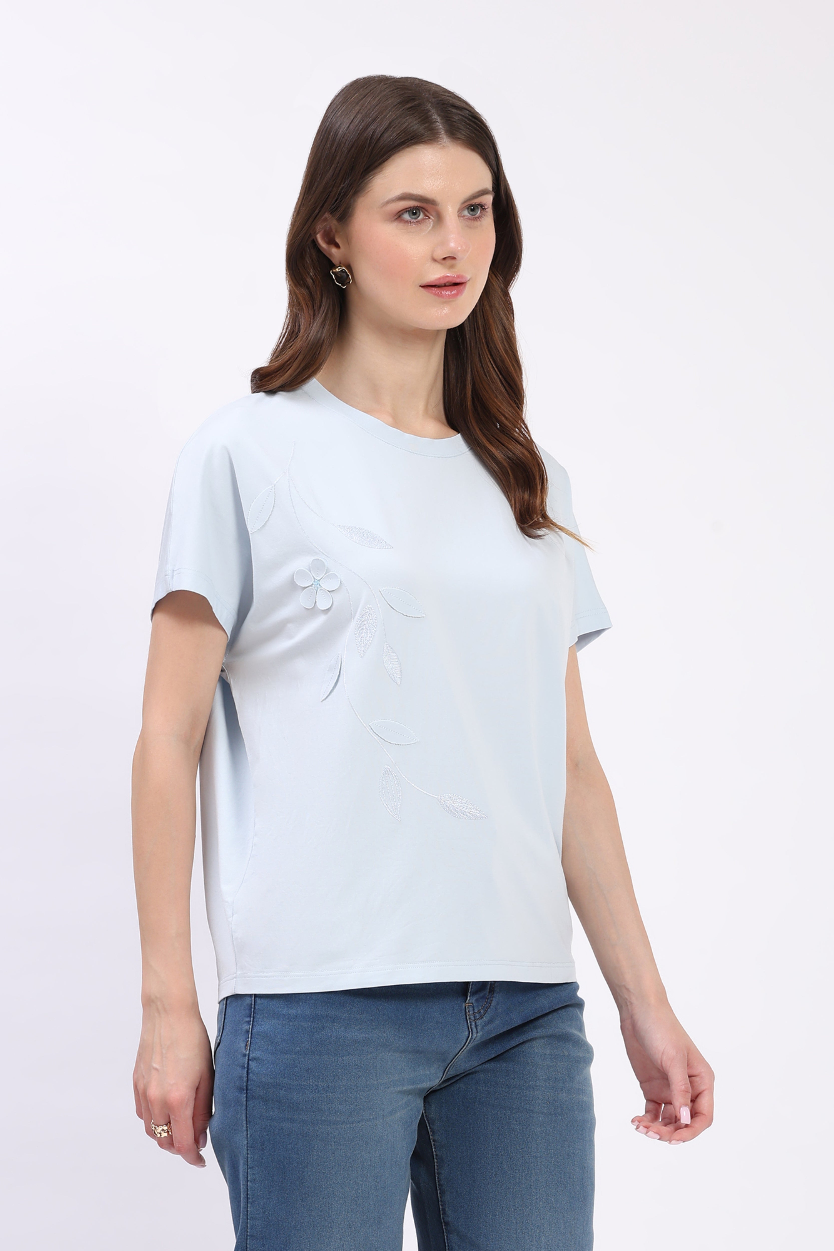 Sky Blue Floral Applique Top