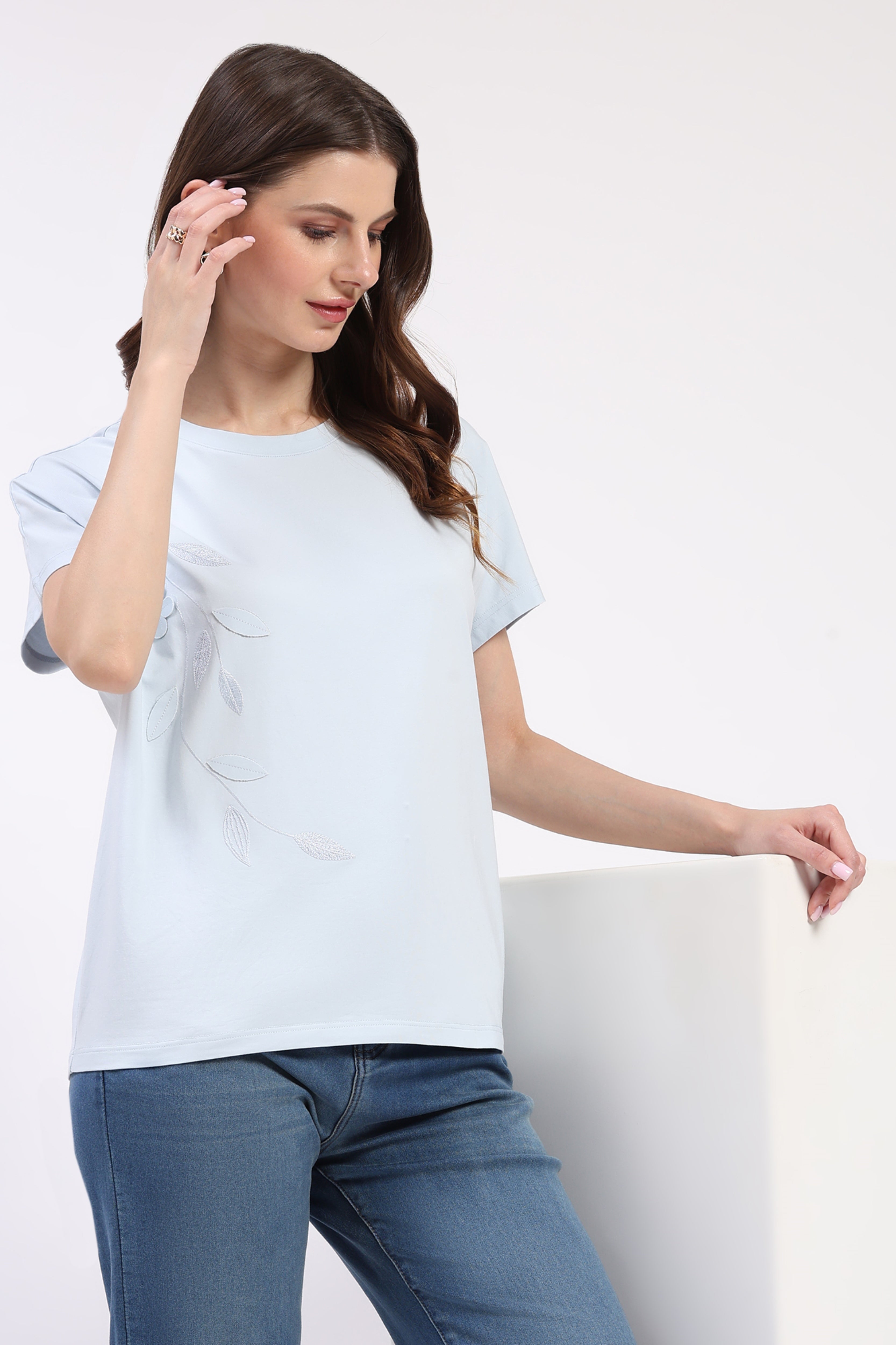 Sky Blue Floral Applique Top
