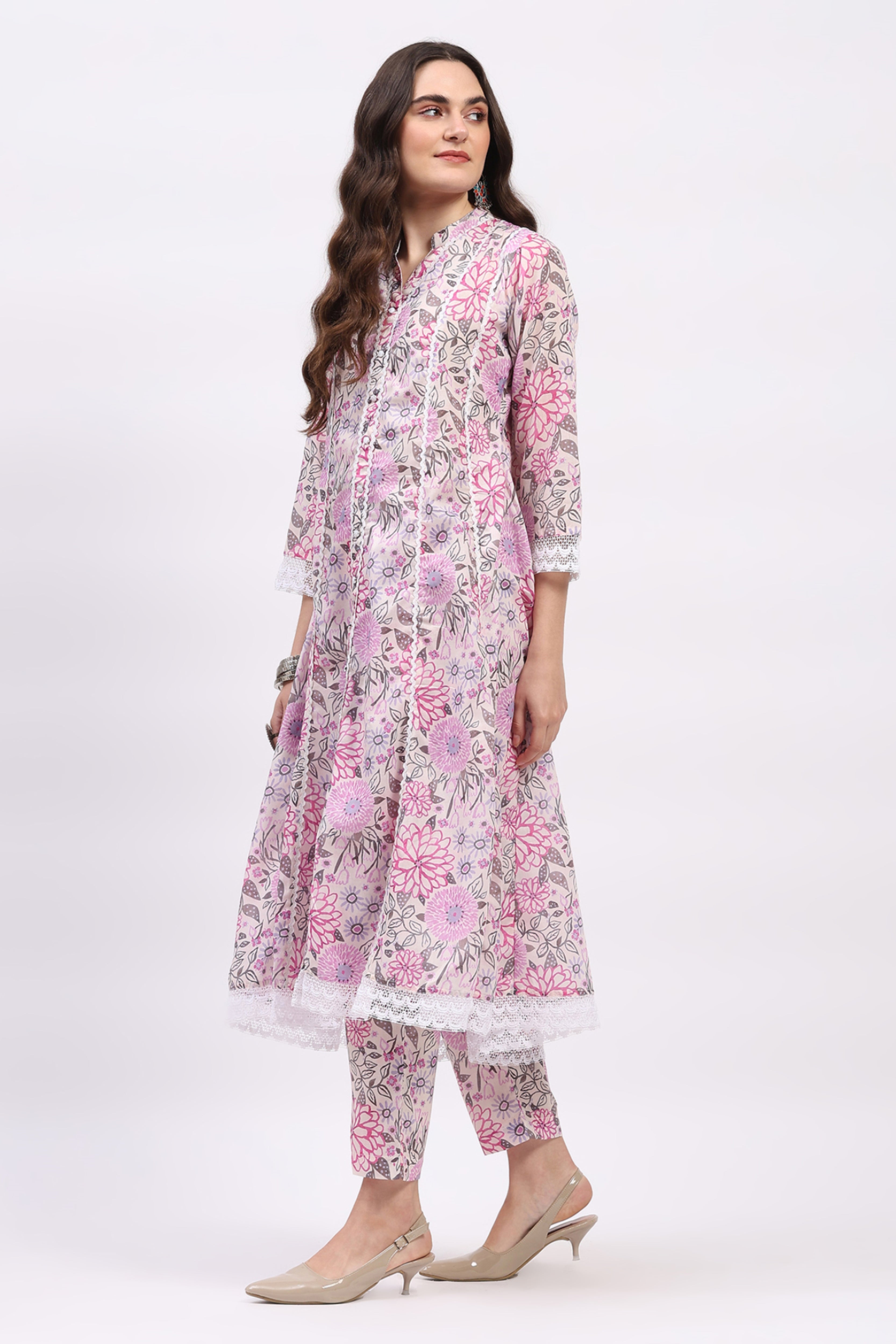 Pink Floral Print Cotton Kurta Set