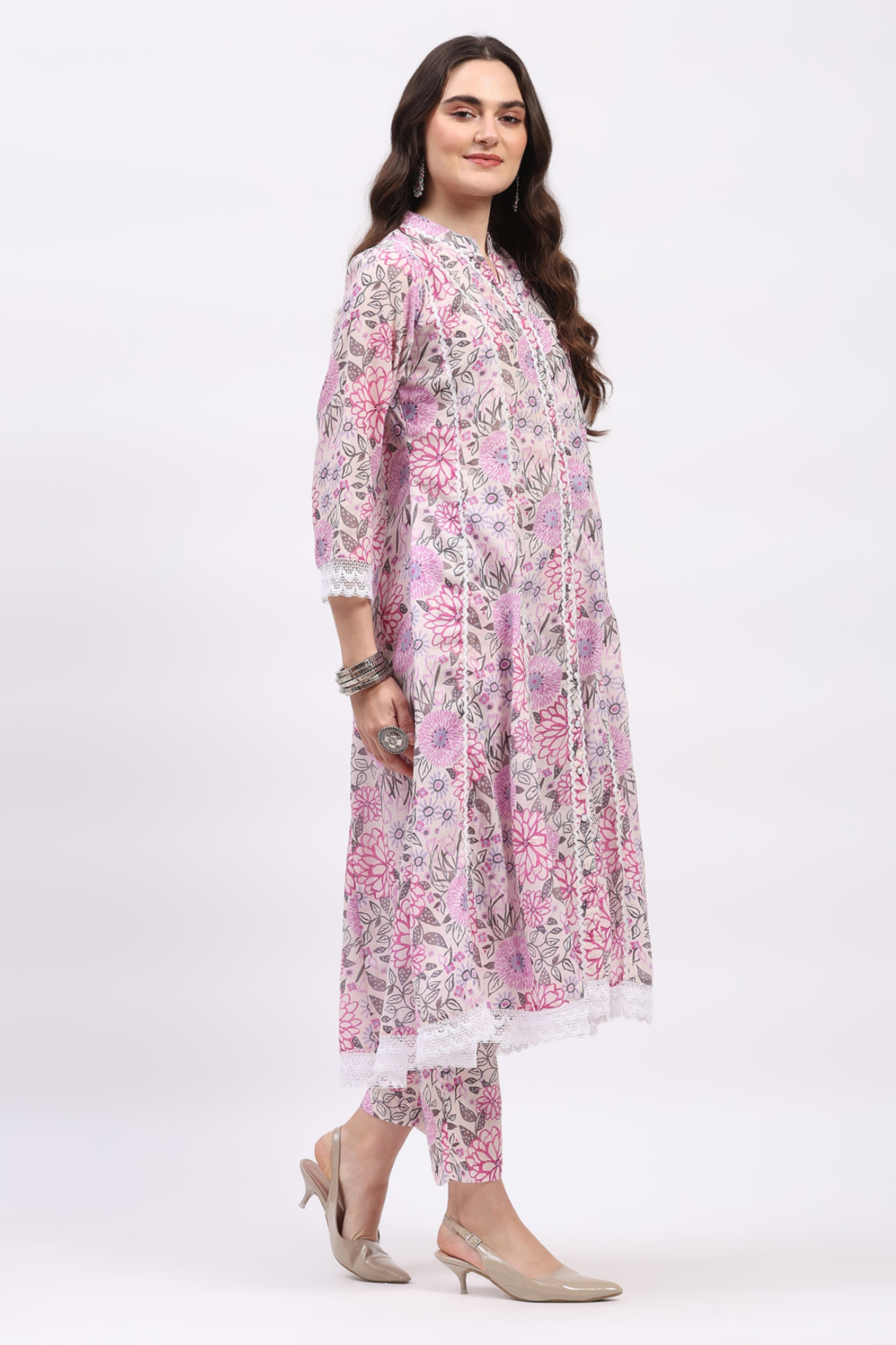 Pink Floral Print Cotton Kurta Set