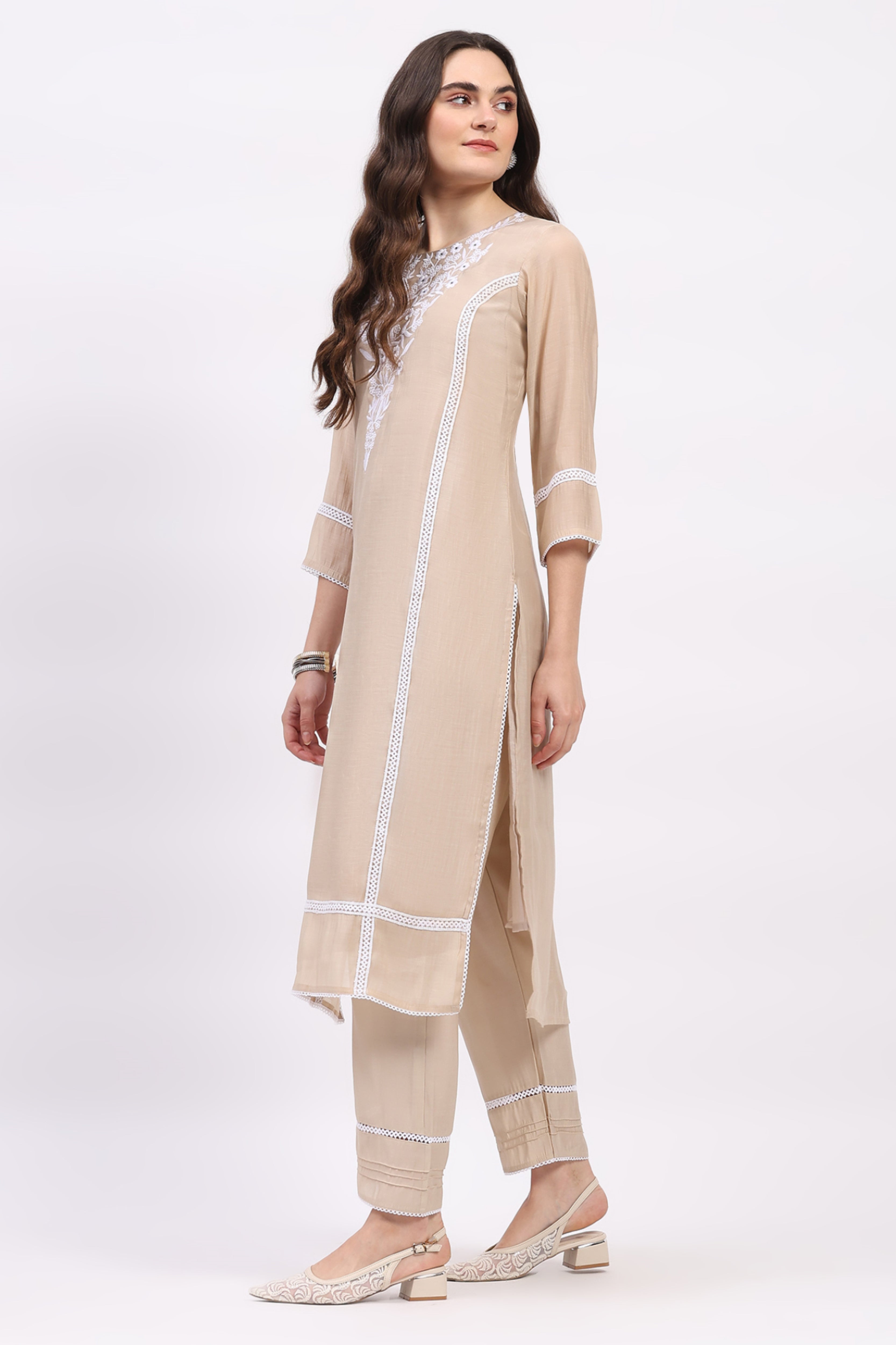Light Beige Embroidered Muslin Kurta Set