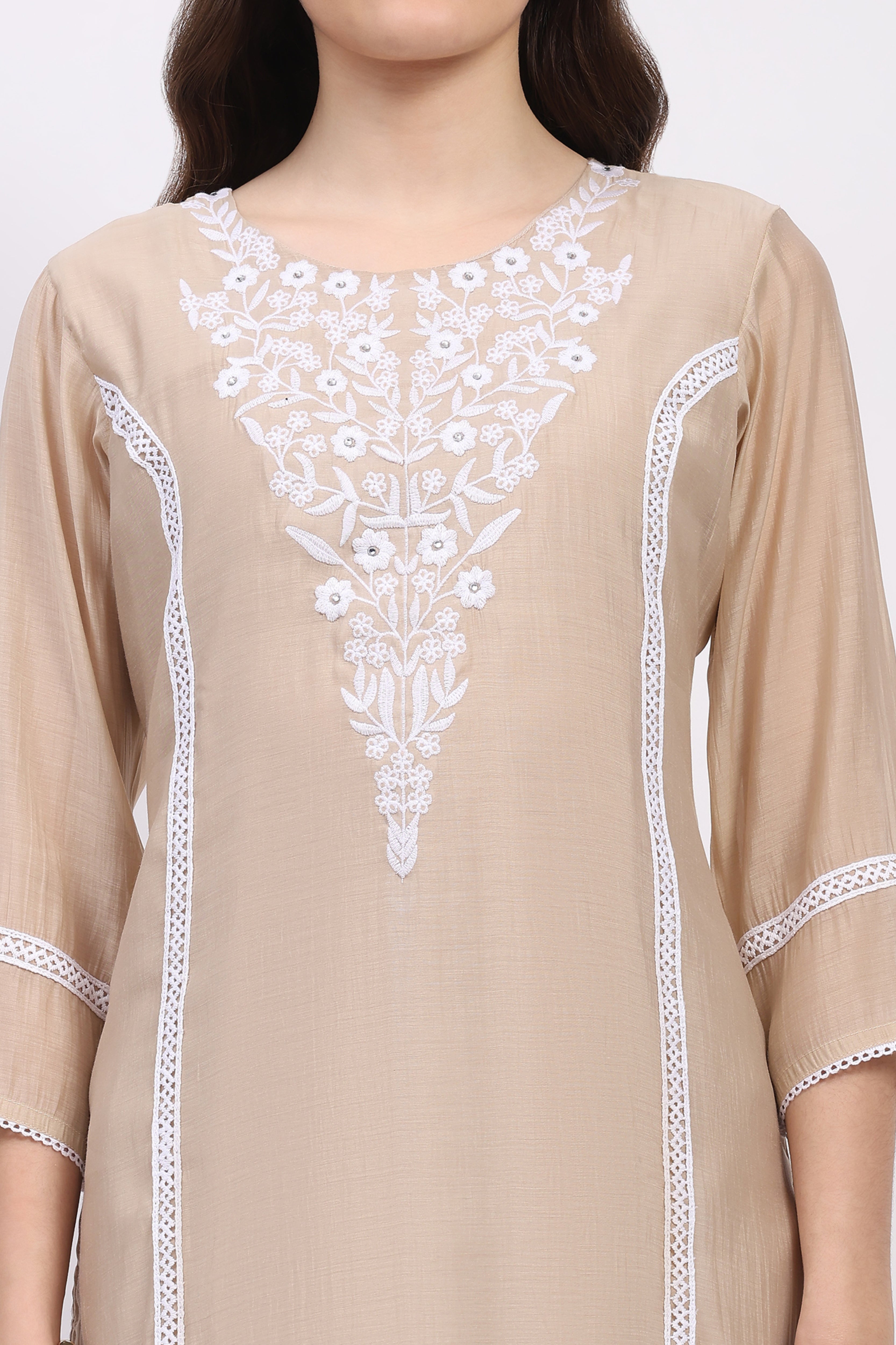 Light Beige Embroidered Muslin Kurta Set