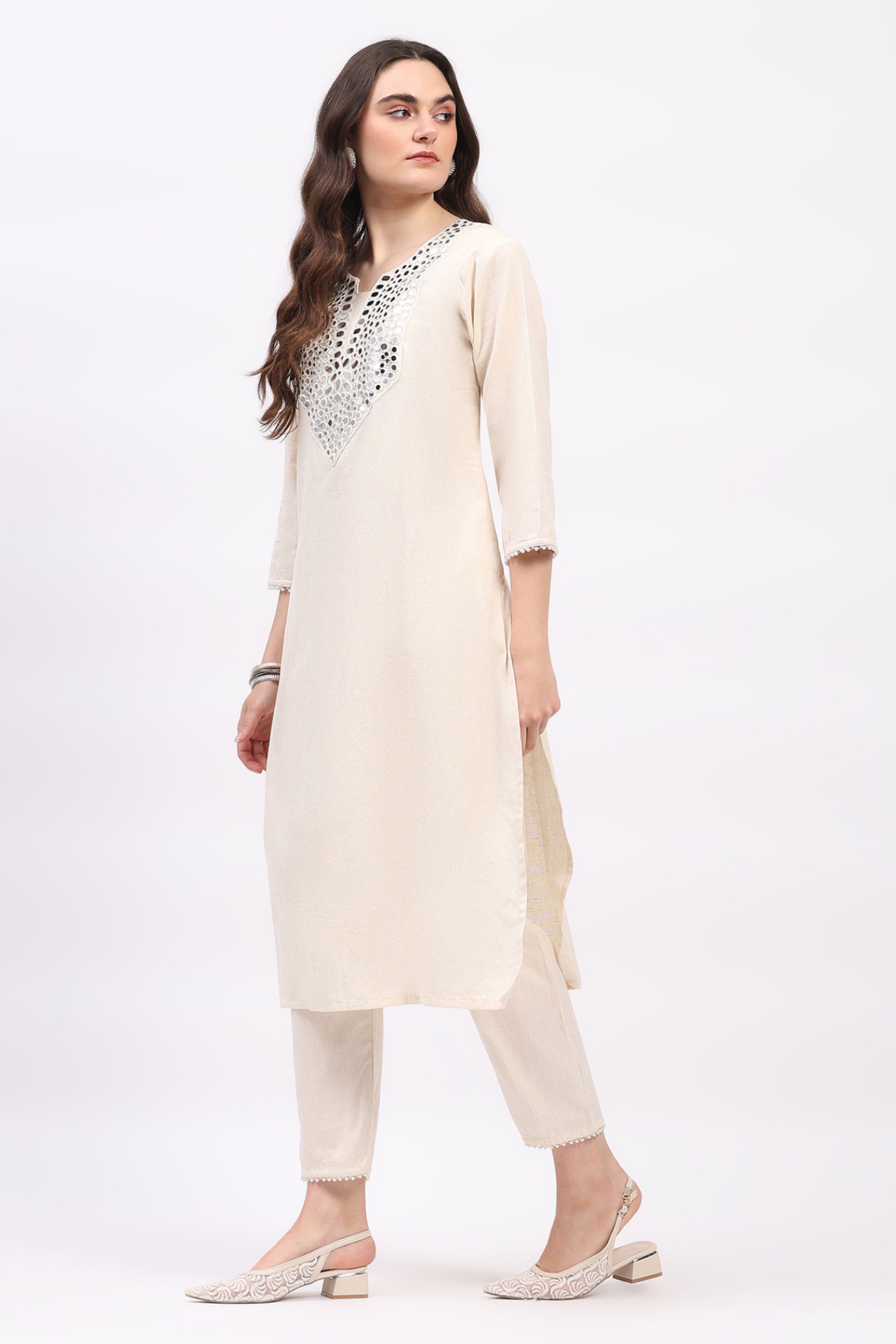 Beige Mirror Work Cotton Kurta Set