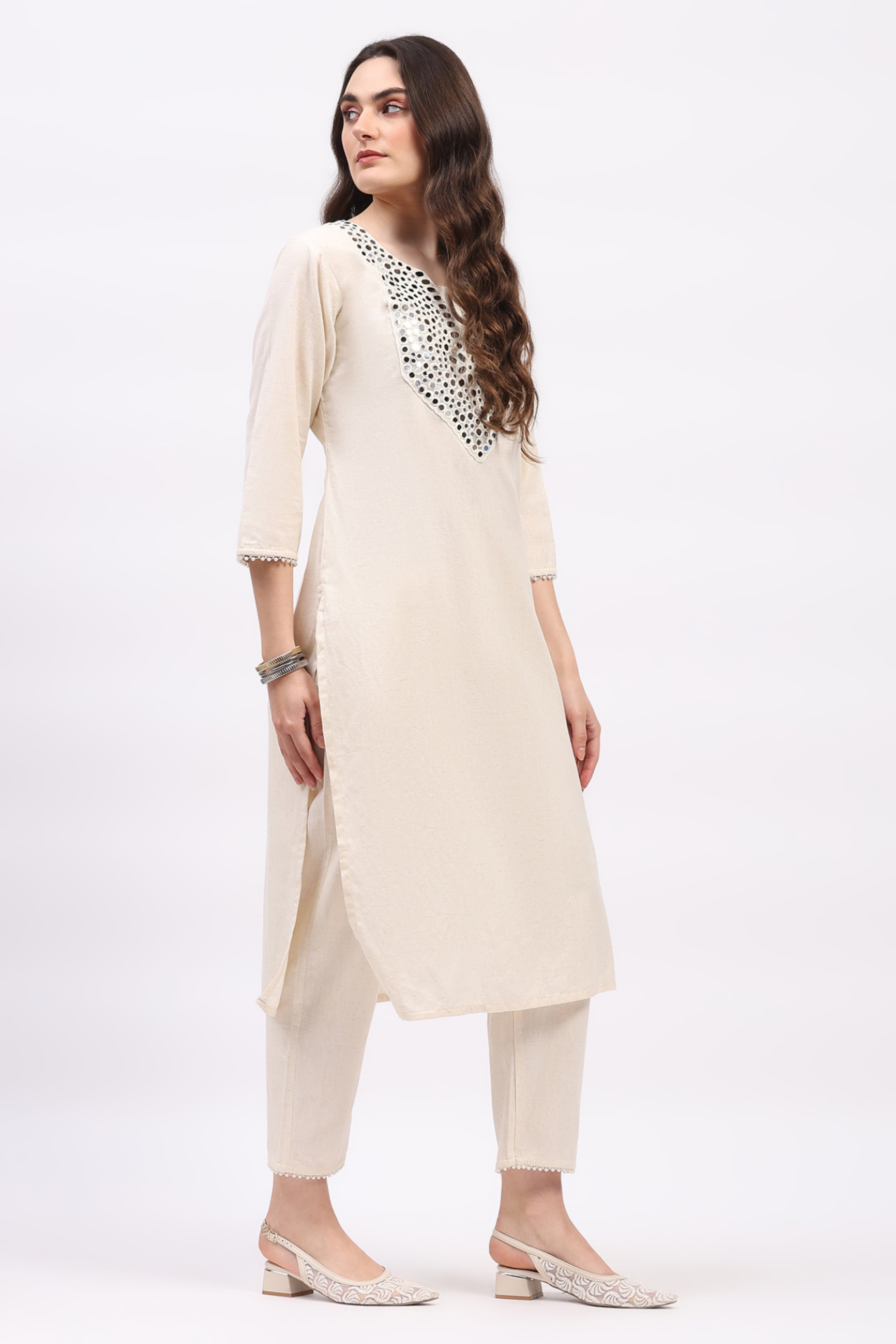 Beige Mirror Work Cotton Kurta Set