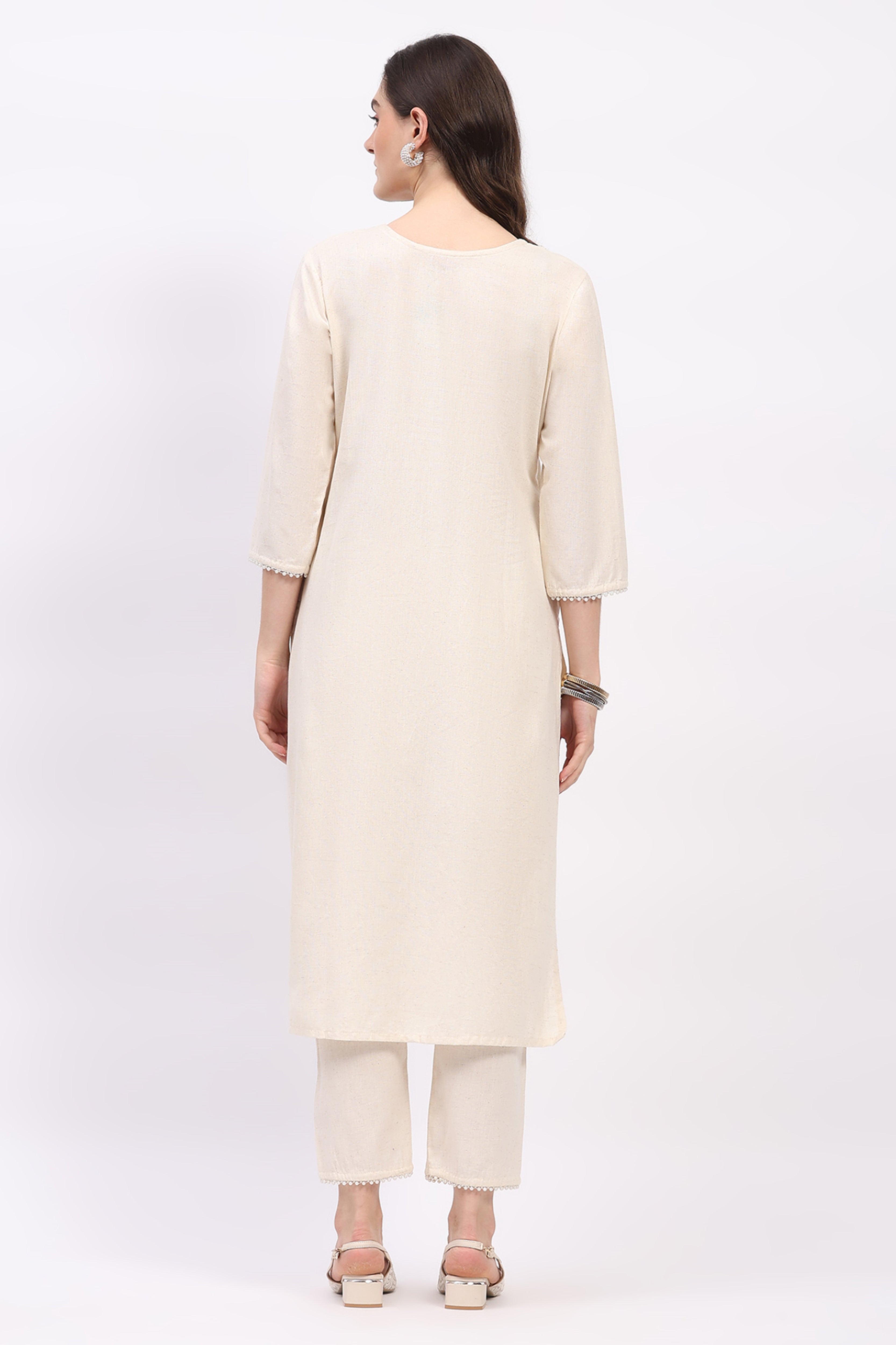 Beige Mirror Work Cotton Kurta Set