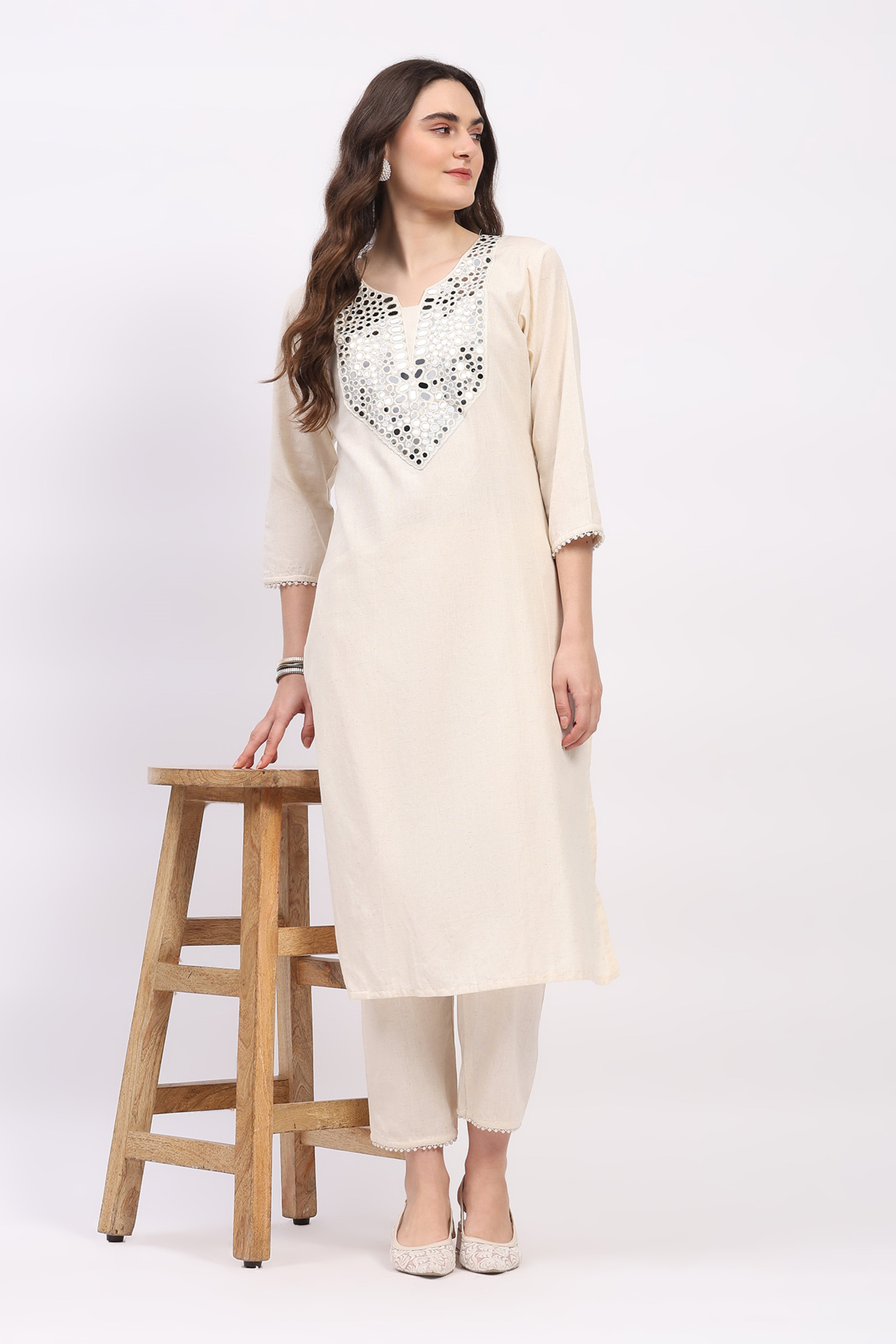 Beige Mirror Work Cotton Kurta Set