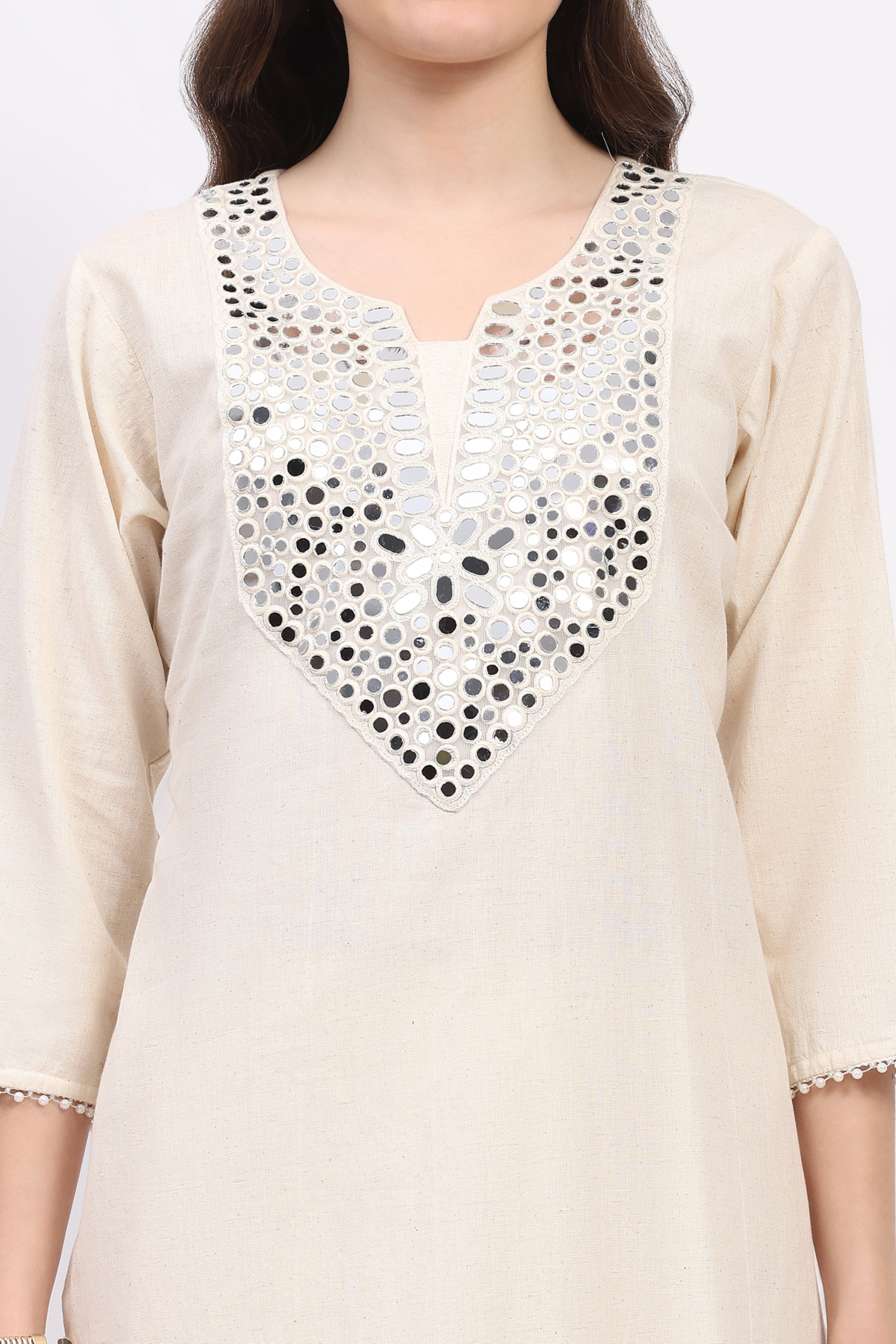 Beige Mirror Work Cotton Kurta Set