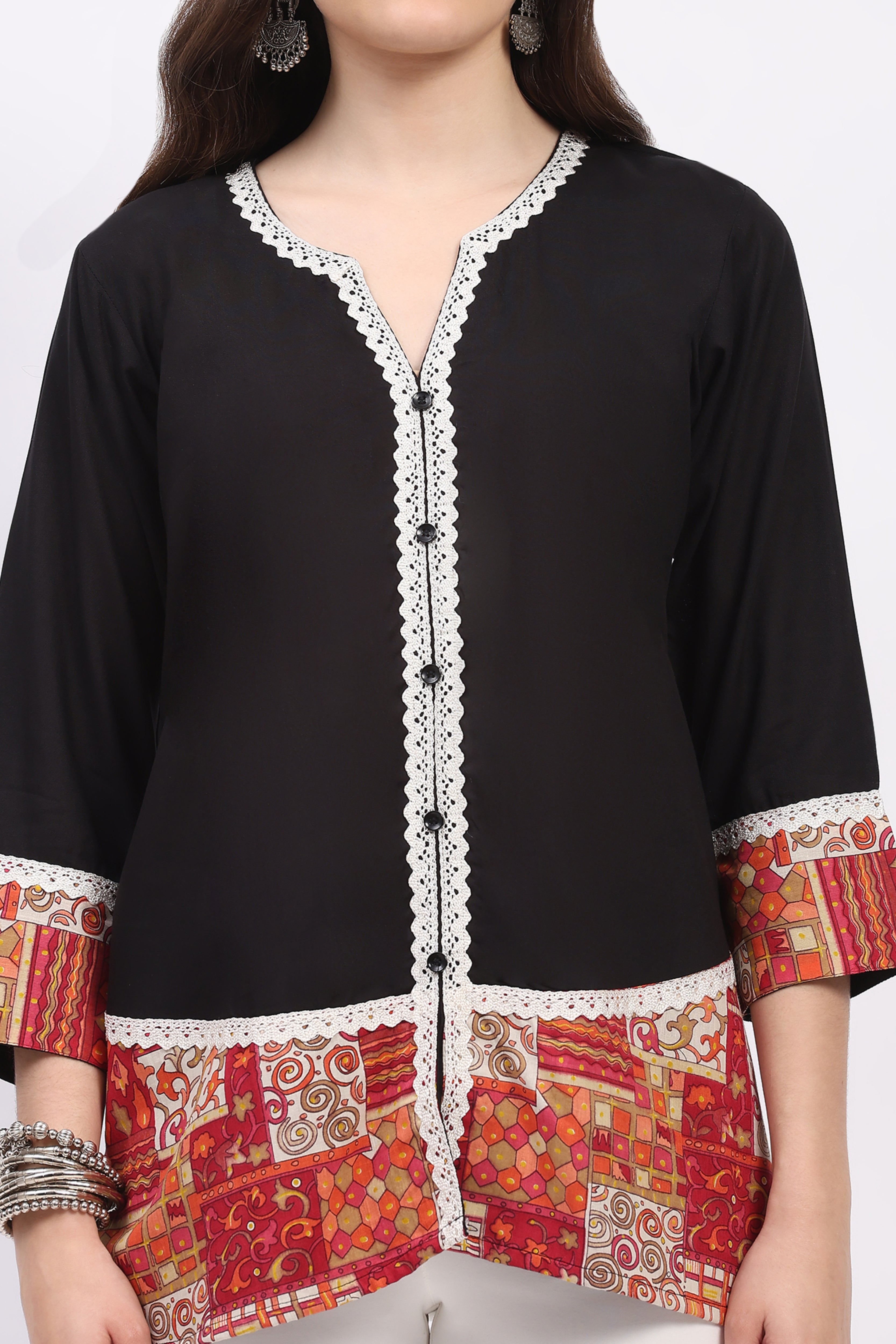 Black Printed Tunic with Lace Detail