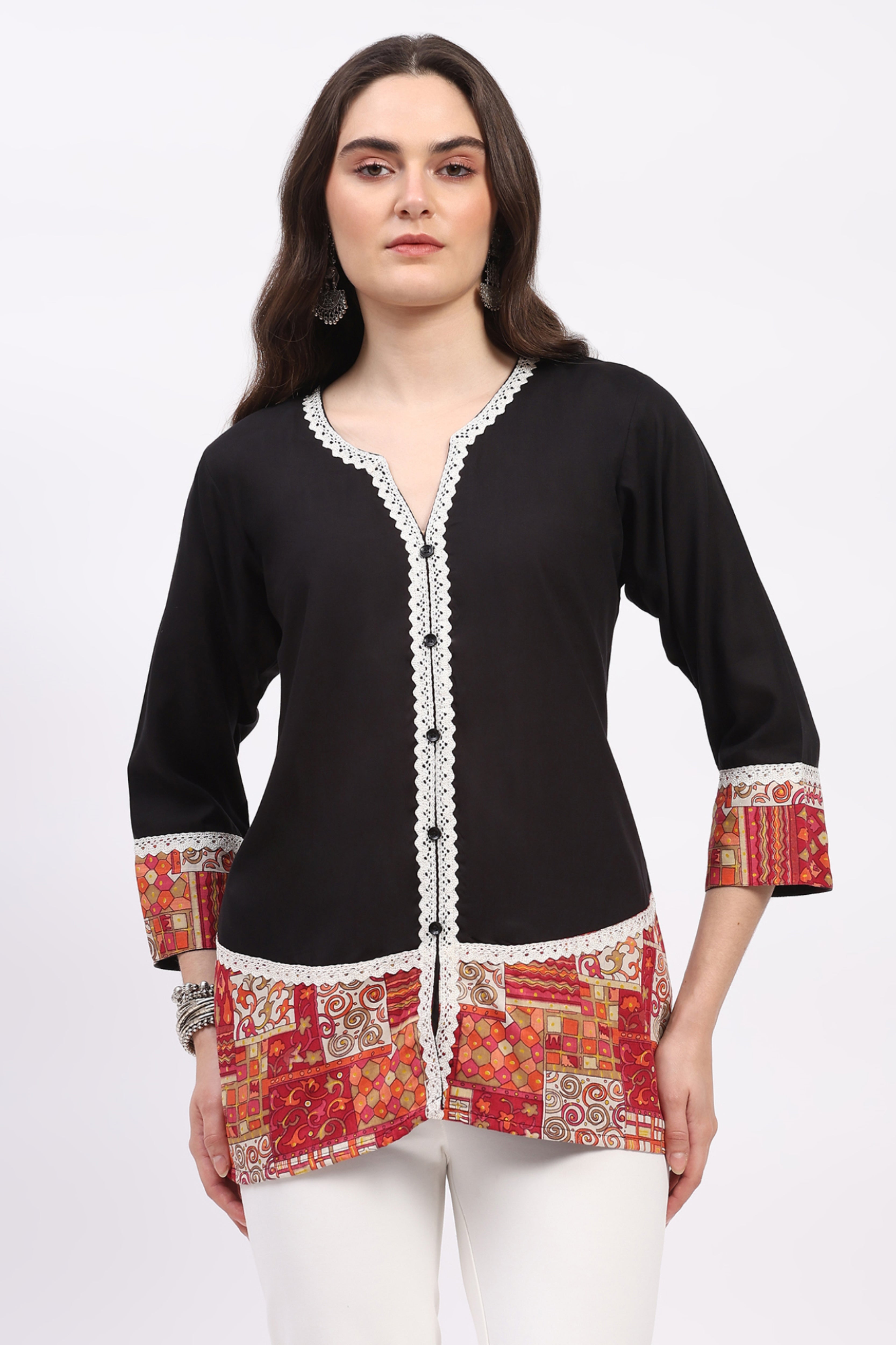 Black Printed Tunic with Lace Detail
