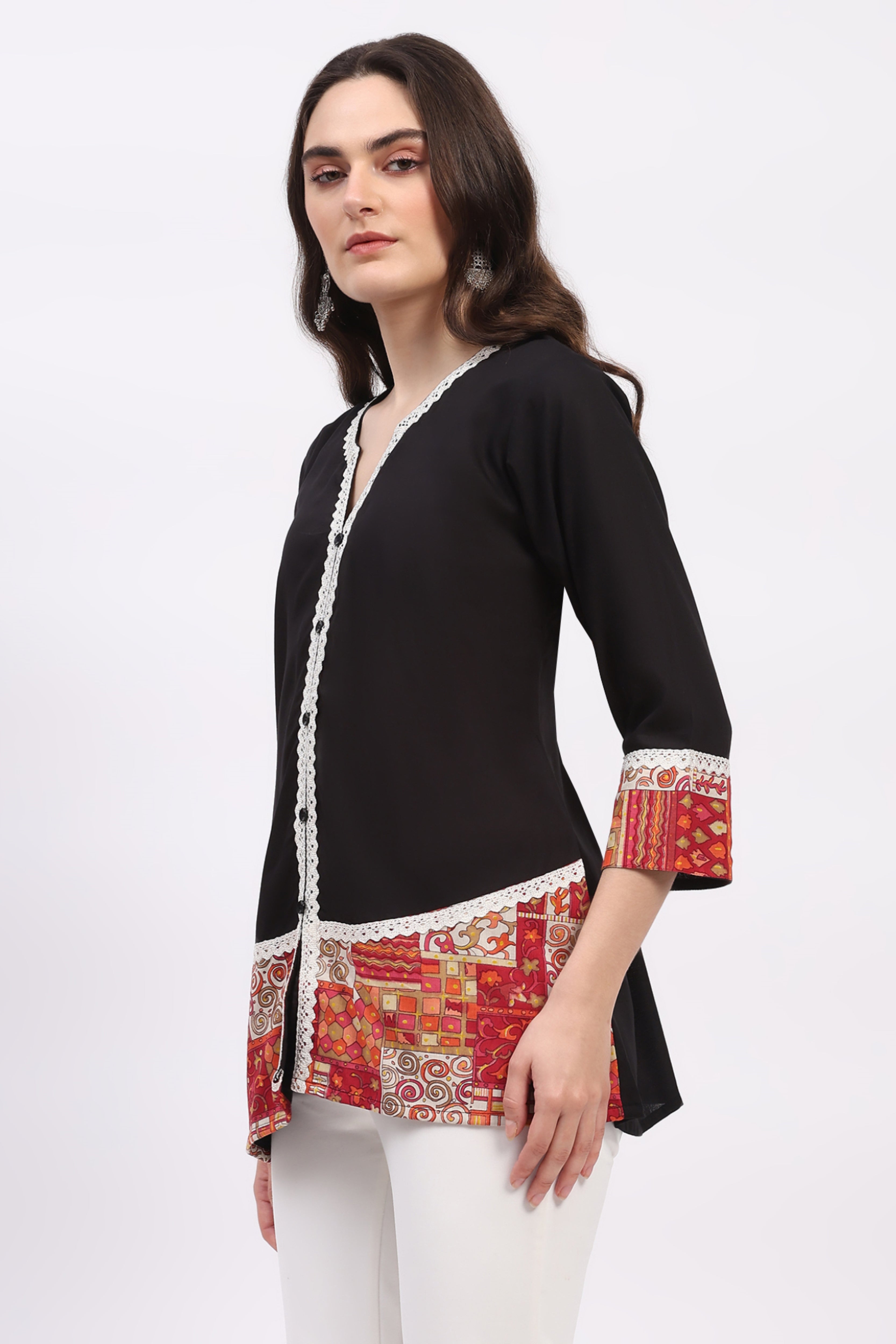 Black Printed Tunic with Lace Detail