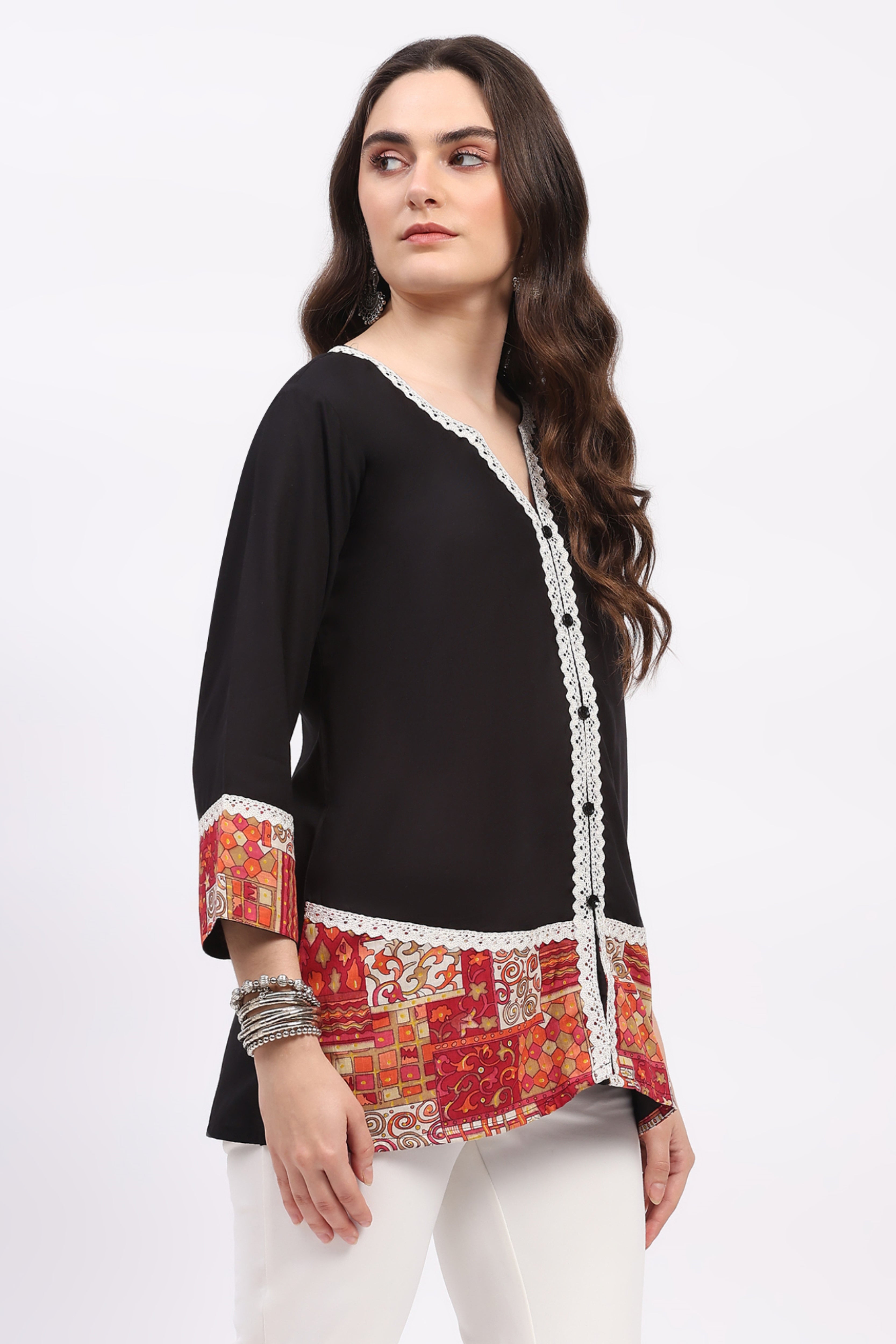 Black Printed Tunic with Lace Detail