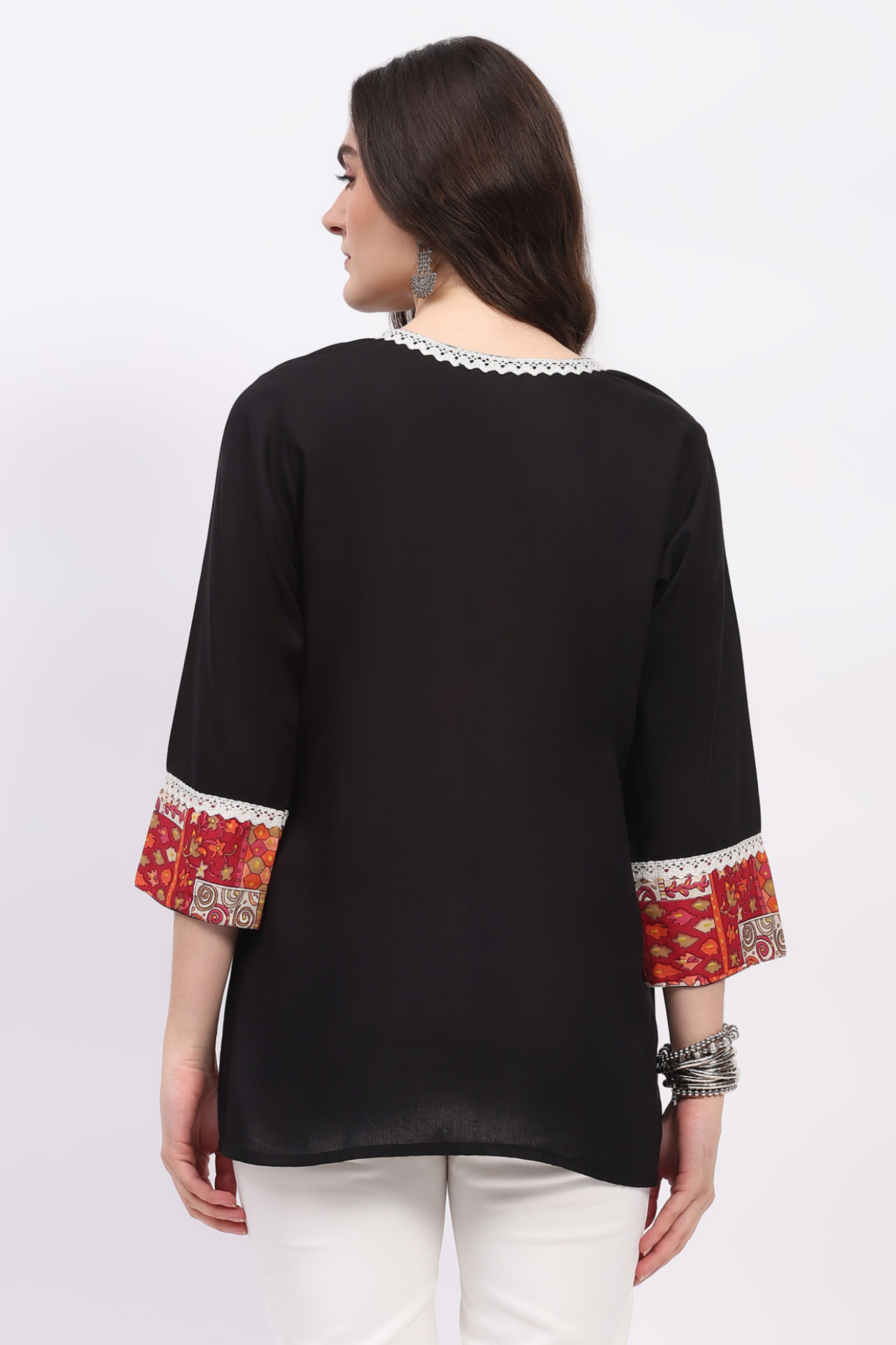 Black Printed Tunic with Lace Detail