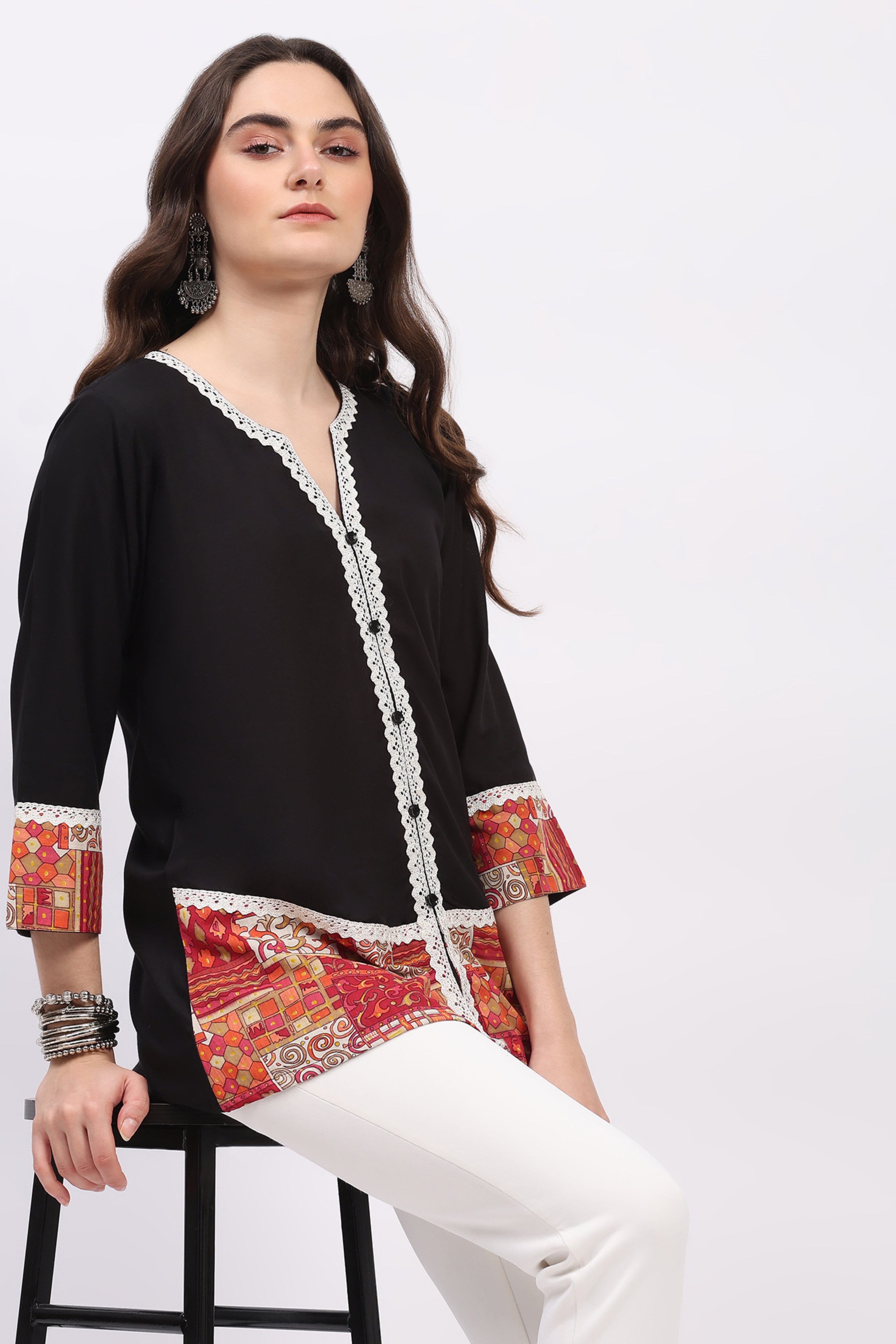 Black Printed Tunic with Lace Detail