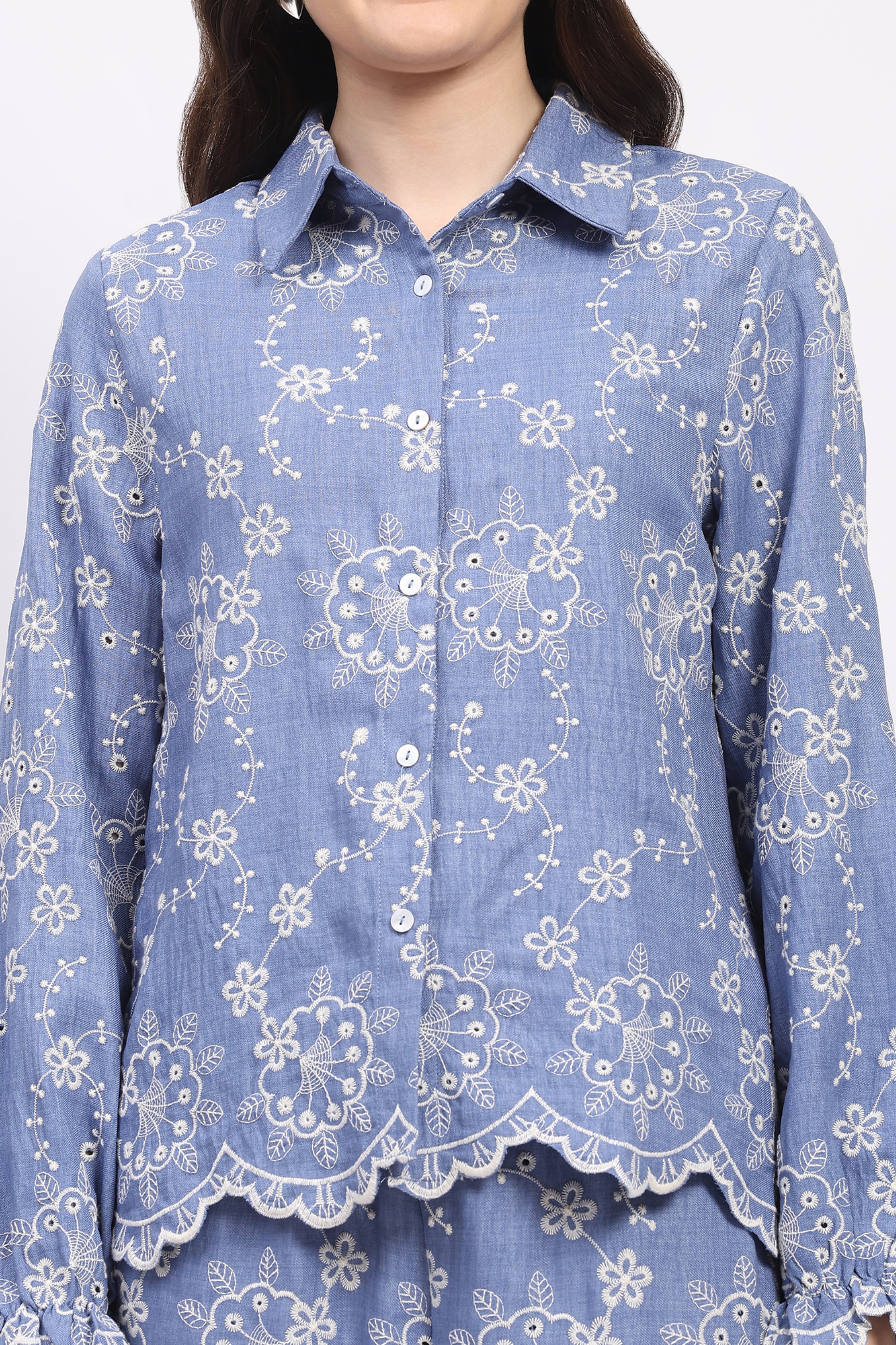 Blue Floral Embroidered Bishop-Sleeve Co-ord Set