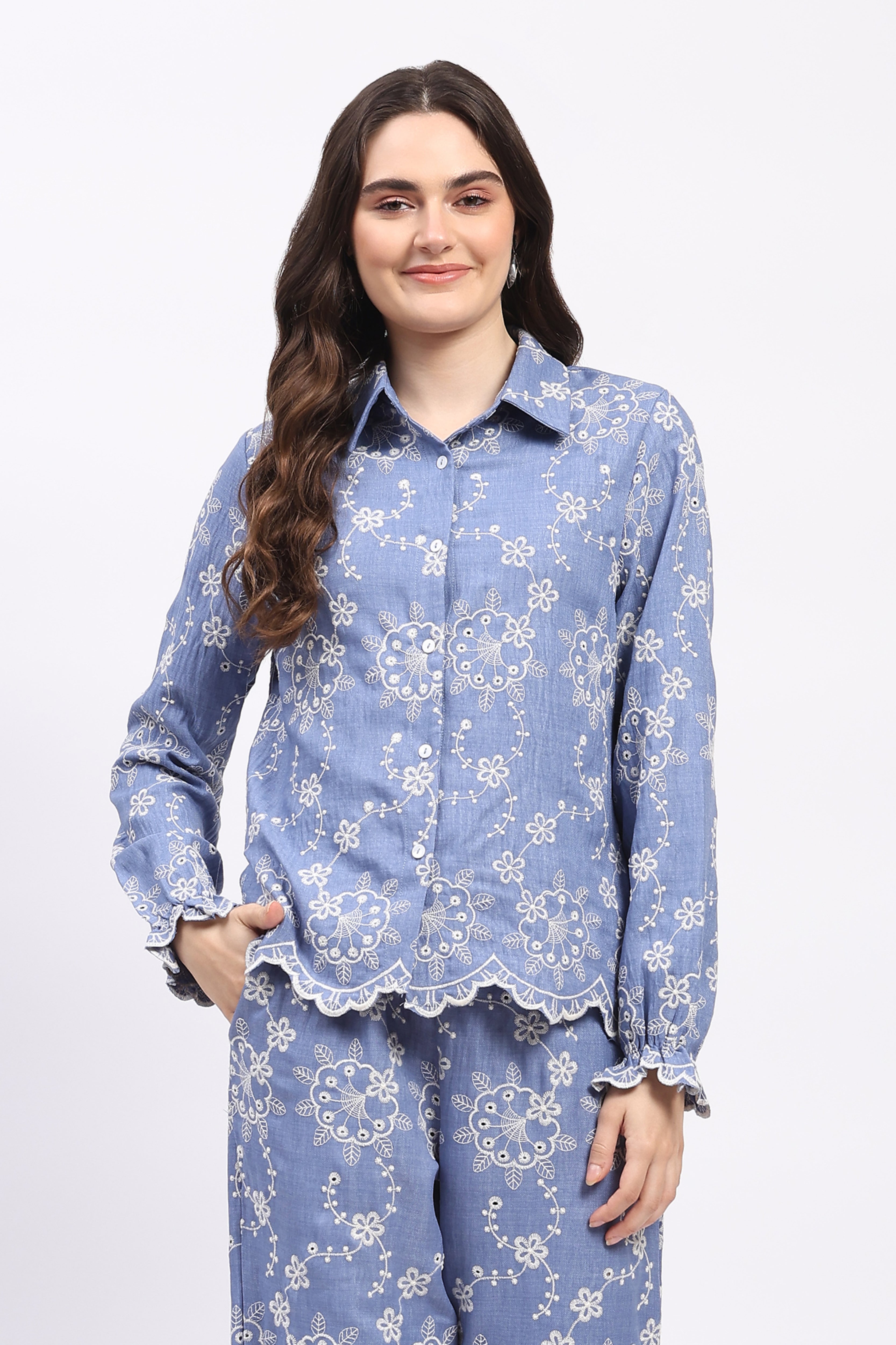 Blue Floral Embroidered Bishop-Sleeve Co-ord Set