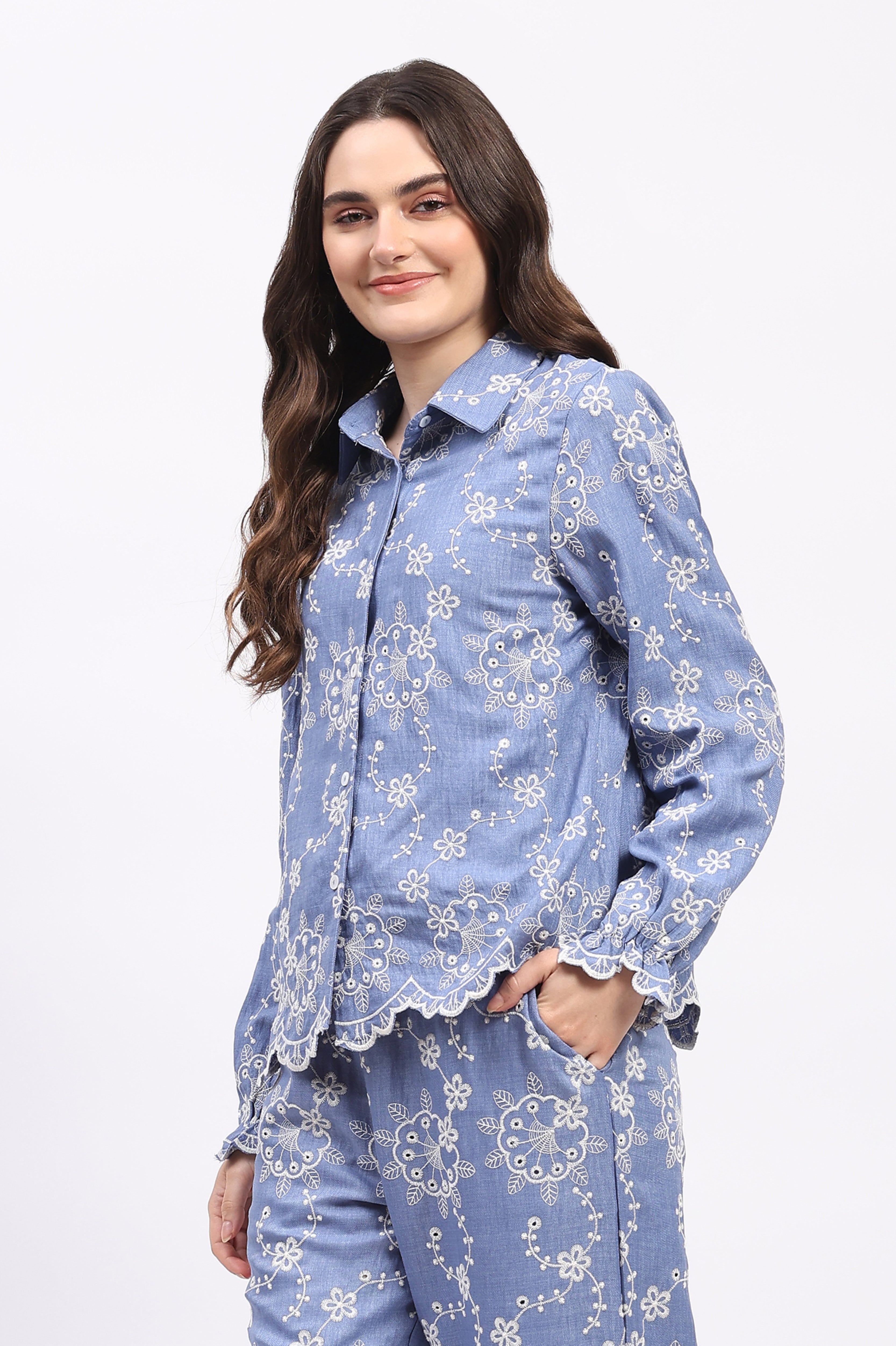 Blue Floral Embroidered Bishop-Sleeve Co-ord Set