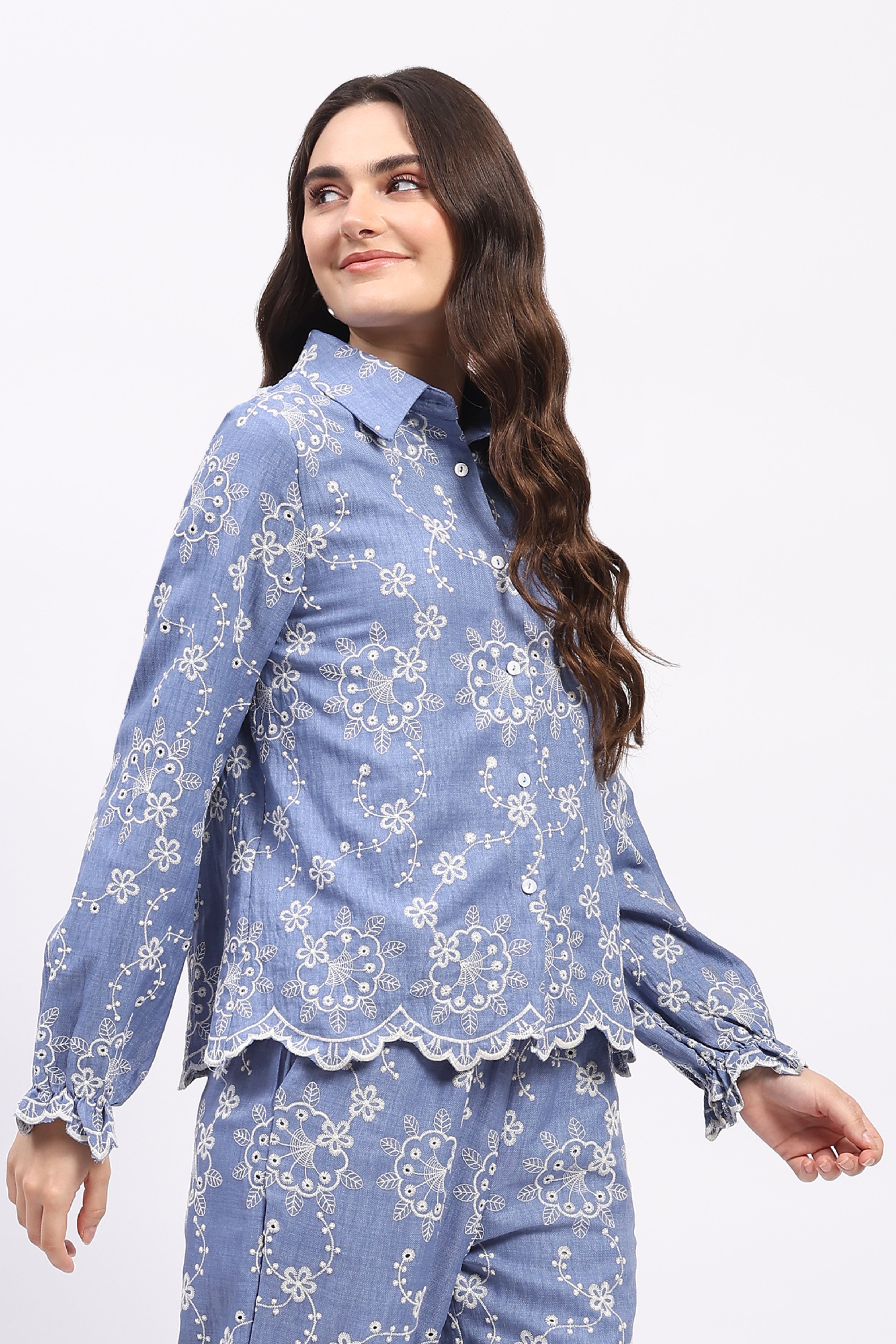 Blue Floral Embroidered Bishop-Sleeve Co-ord Set