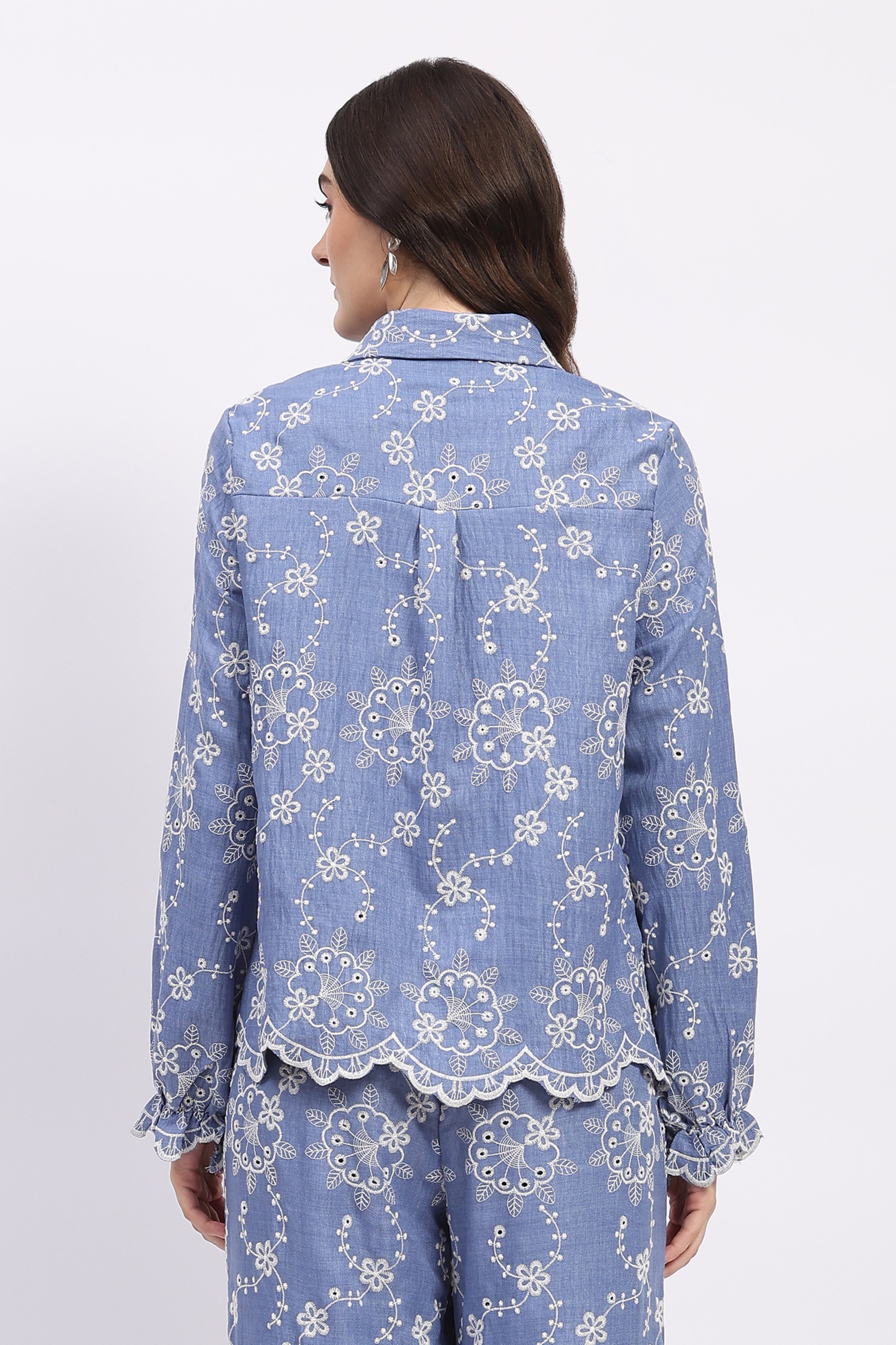 Blue Floral Embroidered Bishop-Sleeve Co-ord Set
