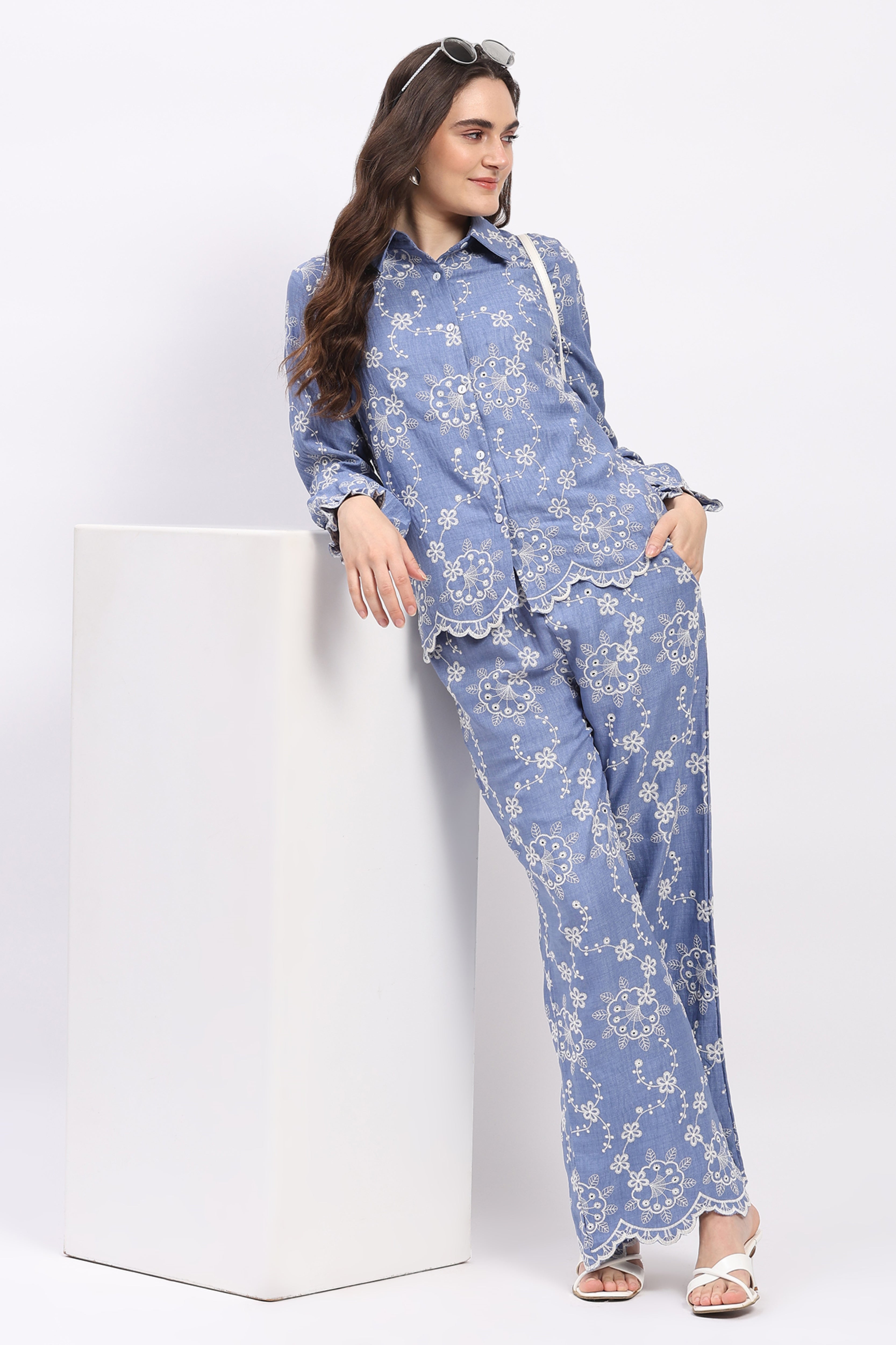 Blue Floral Embroidered Bishop-Sleeve Shirt