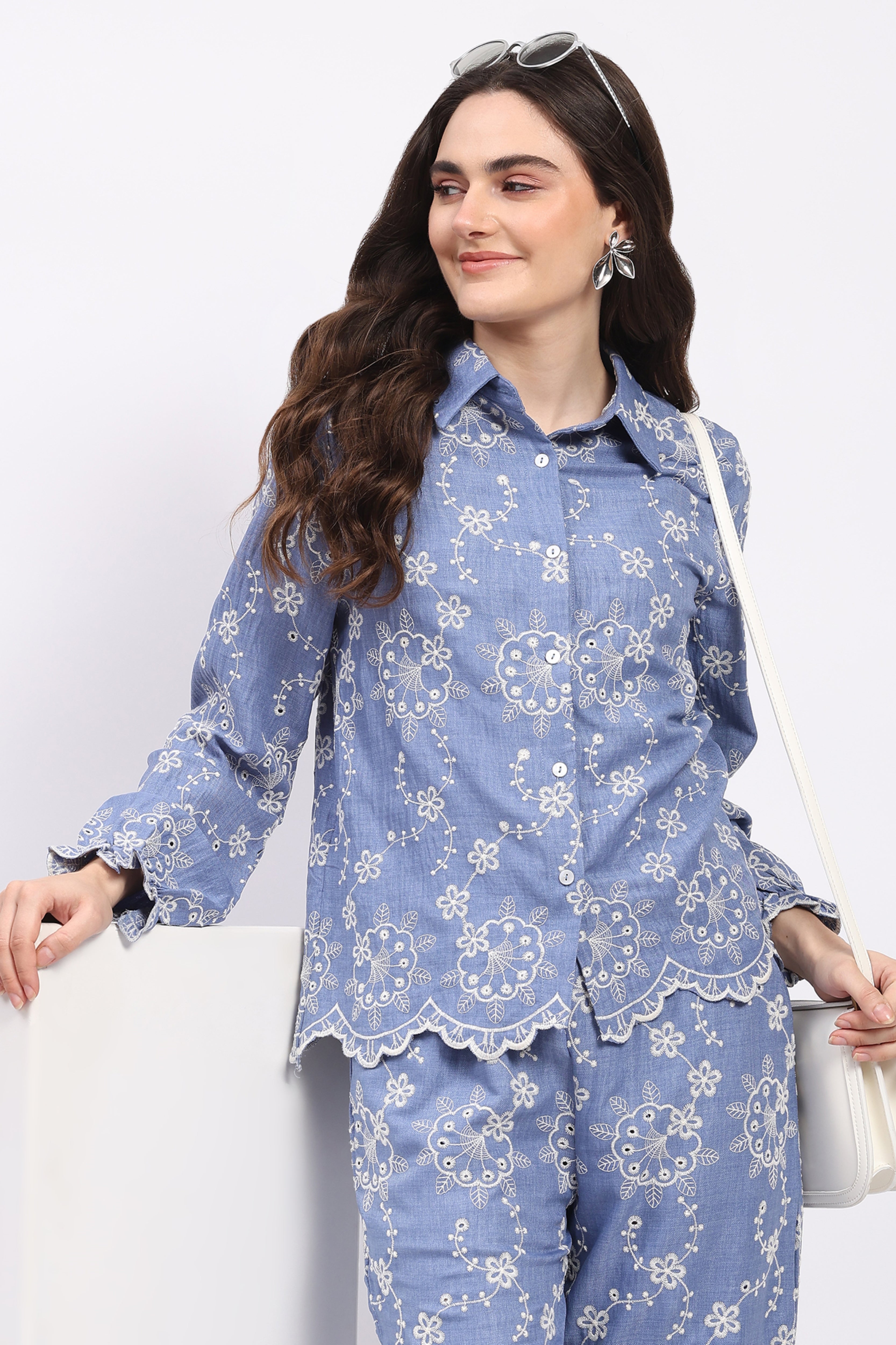 Blue Floral Embroidered Bishop-Sleeve Co-ord Set