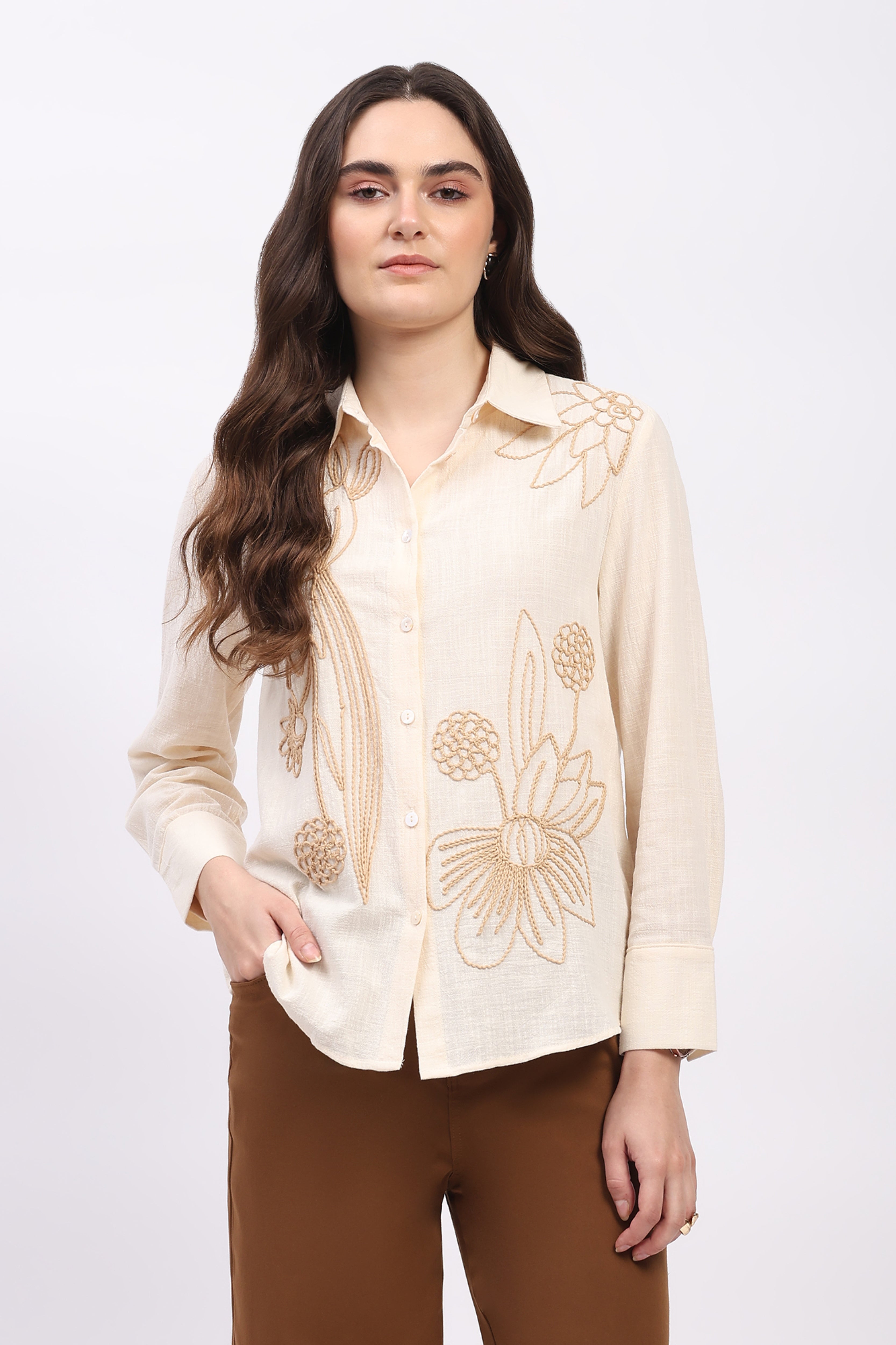Cream Embroidered Cotton Shirt