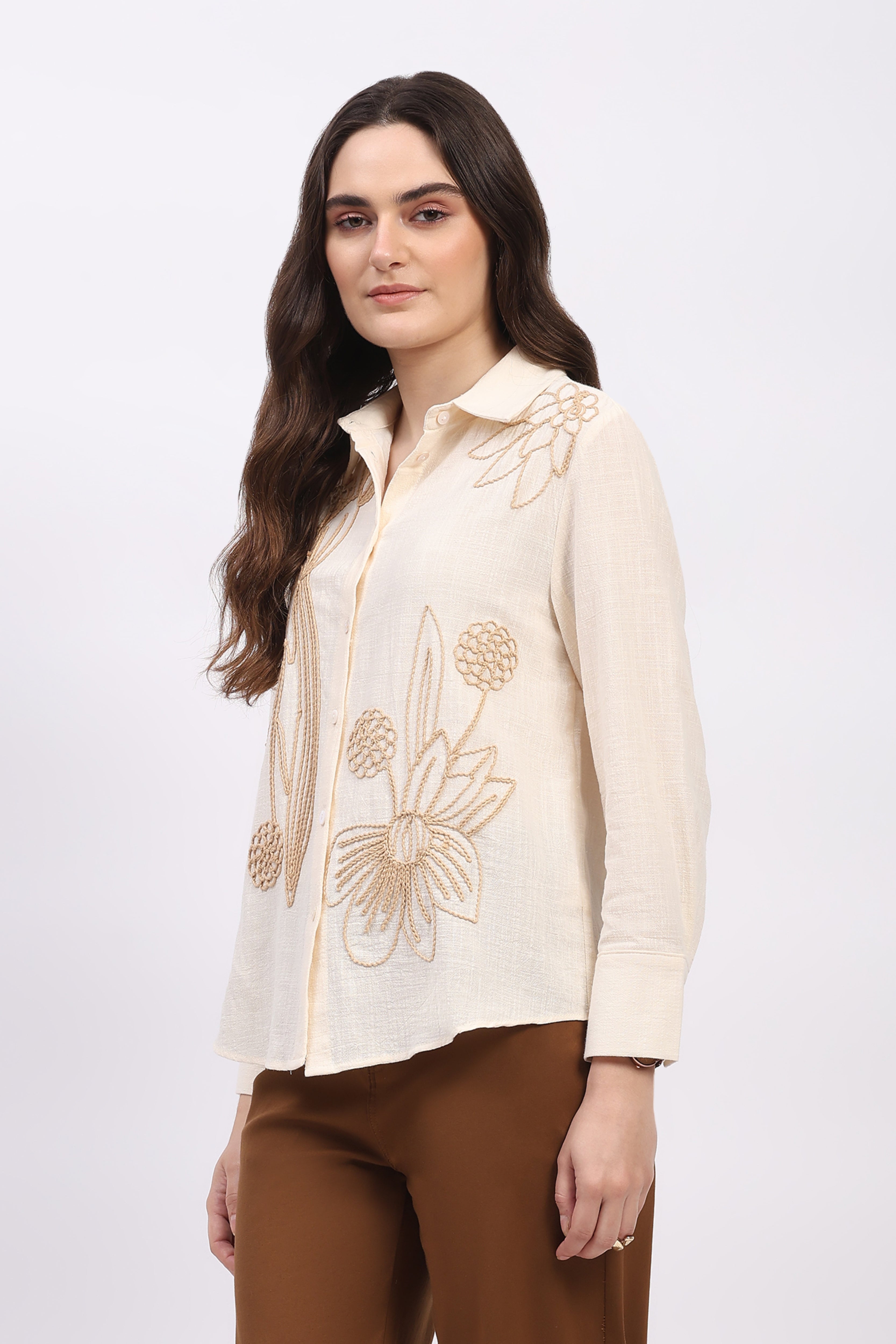 Cream Embroidered Cotton Shirt