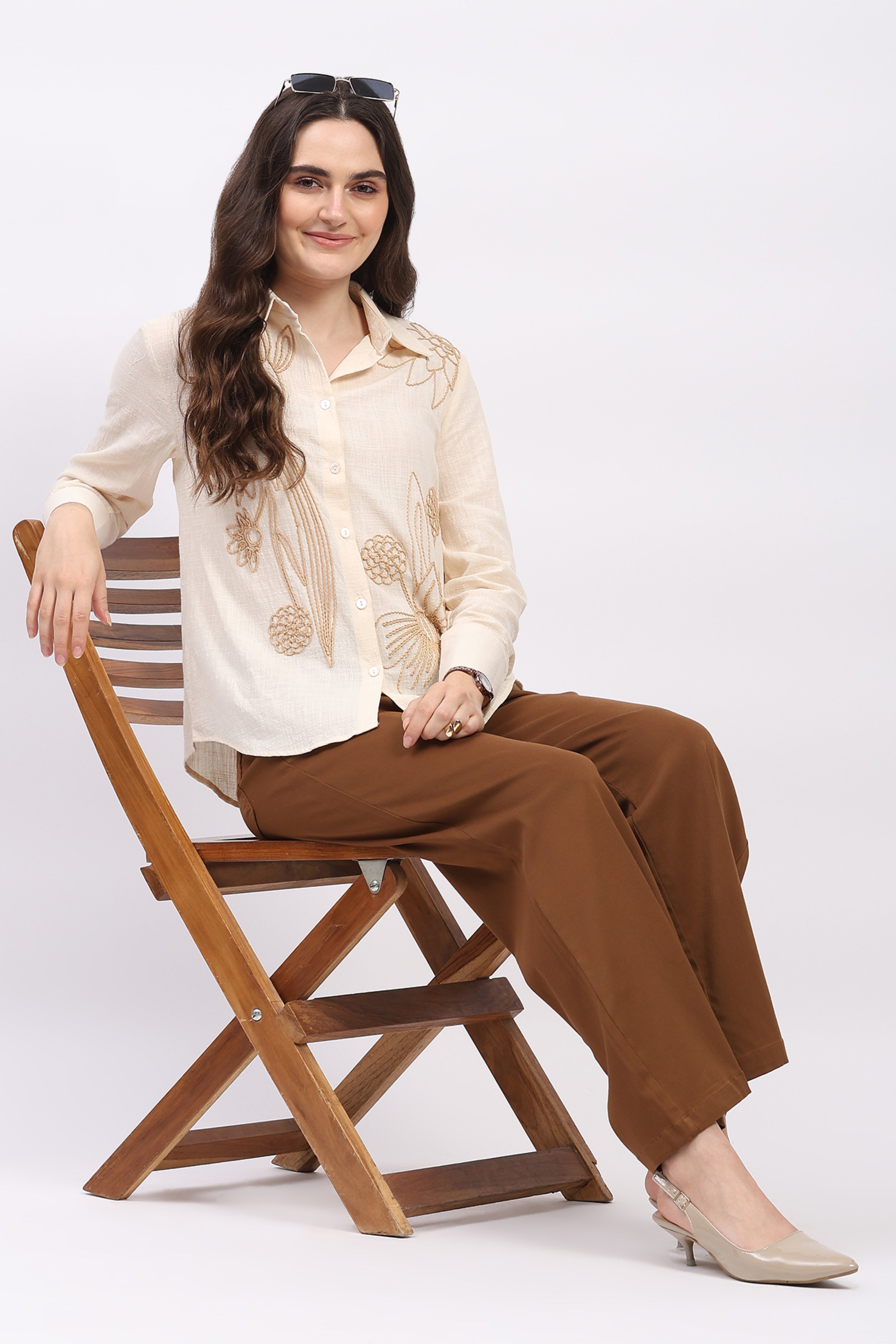 Cream Embroidered Cotton Shirt