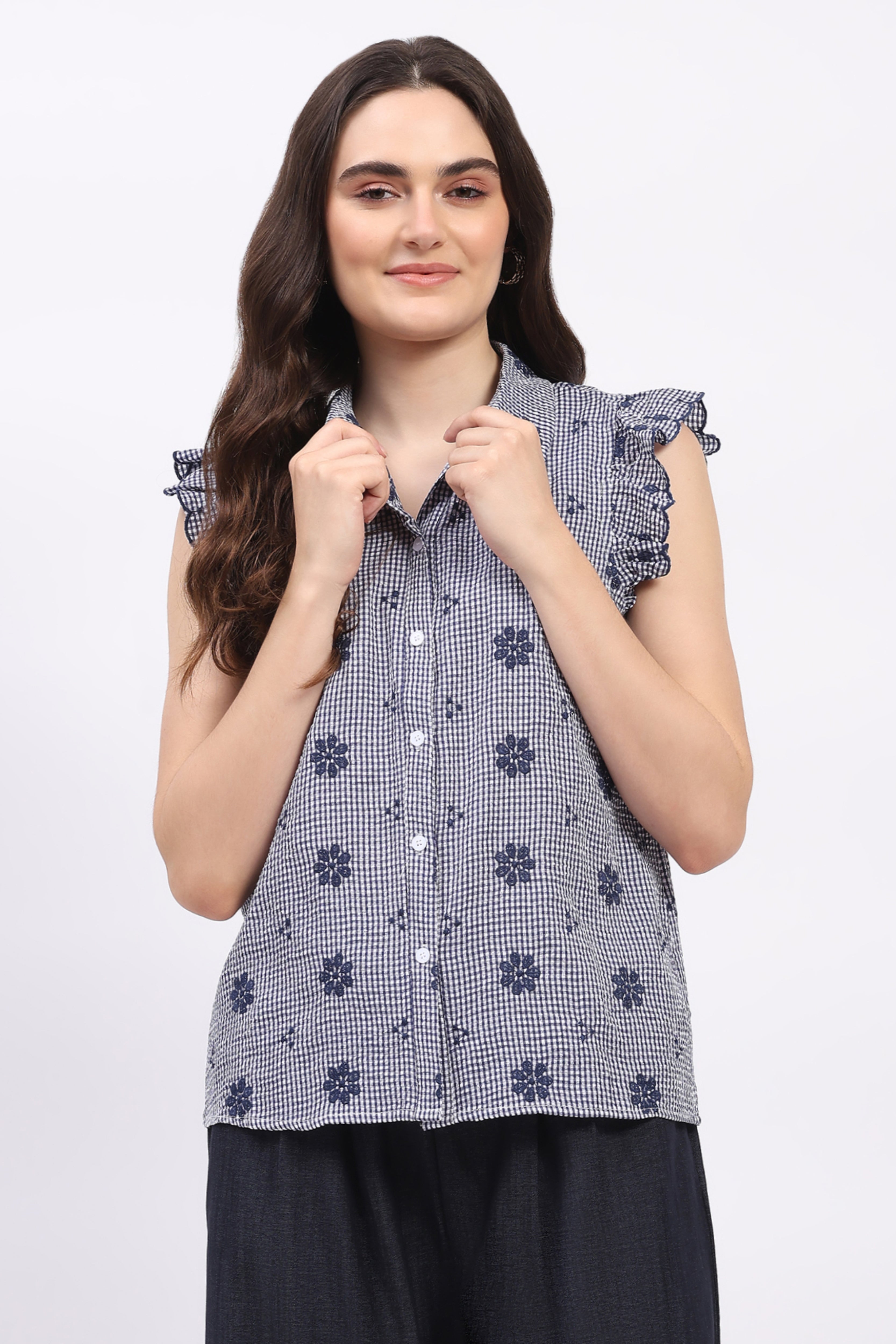 Navy Embroidered Ruffle Top