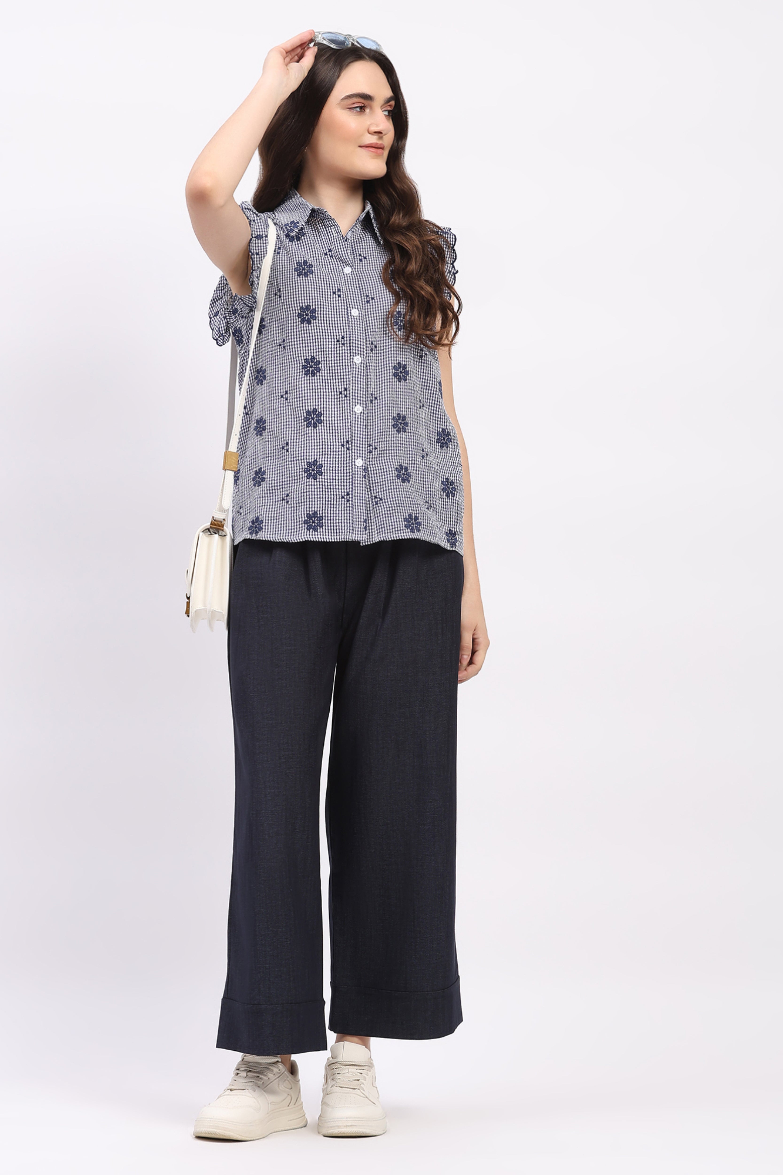 Navy Embroidered Ruffle Top