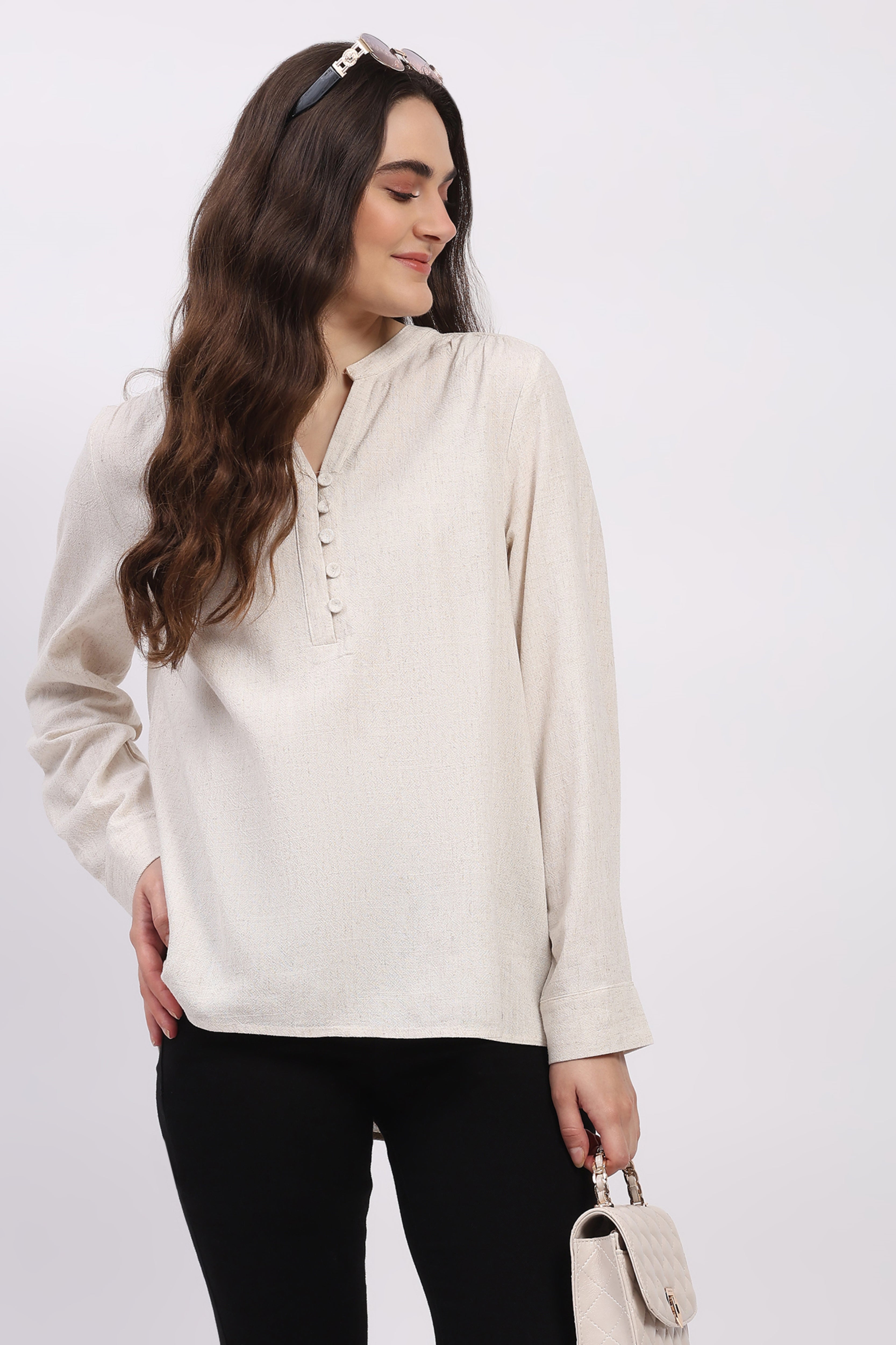 Off White Cotton Linen Blouson Top
