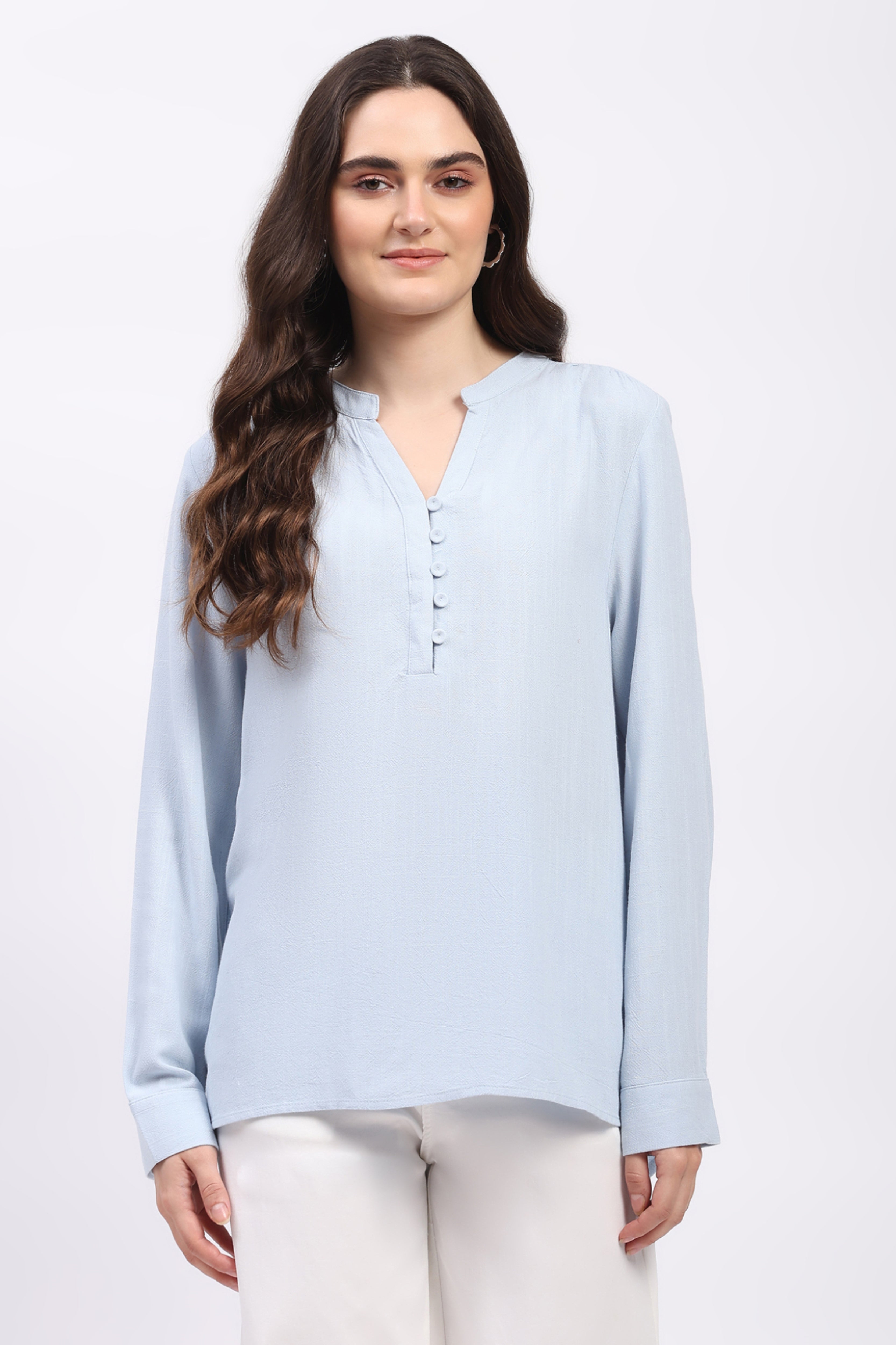 Light Blue Cotton Linen Blouson Top