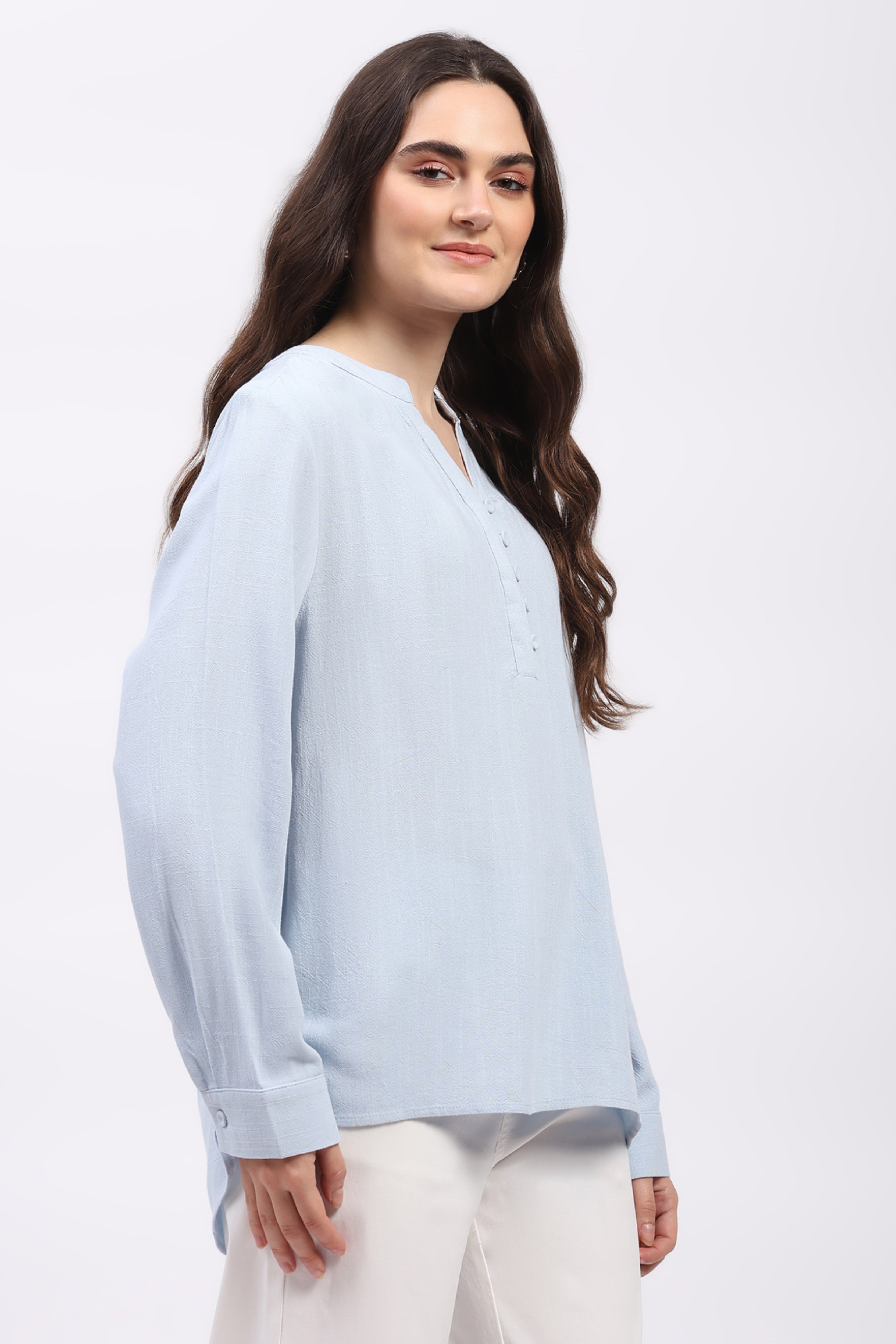 Light Blue Cotton Linen Blouson Top