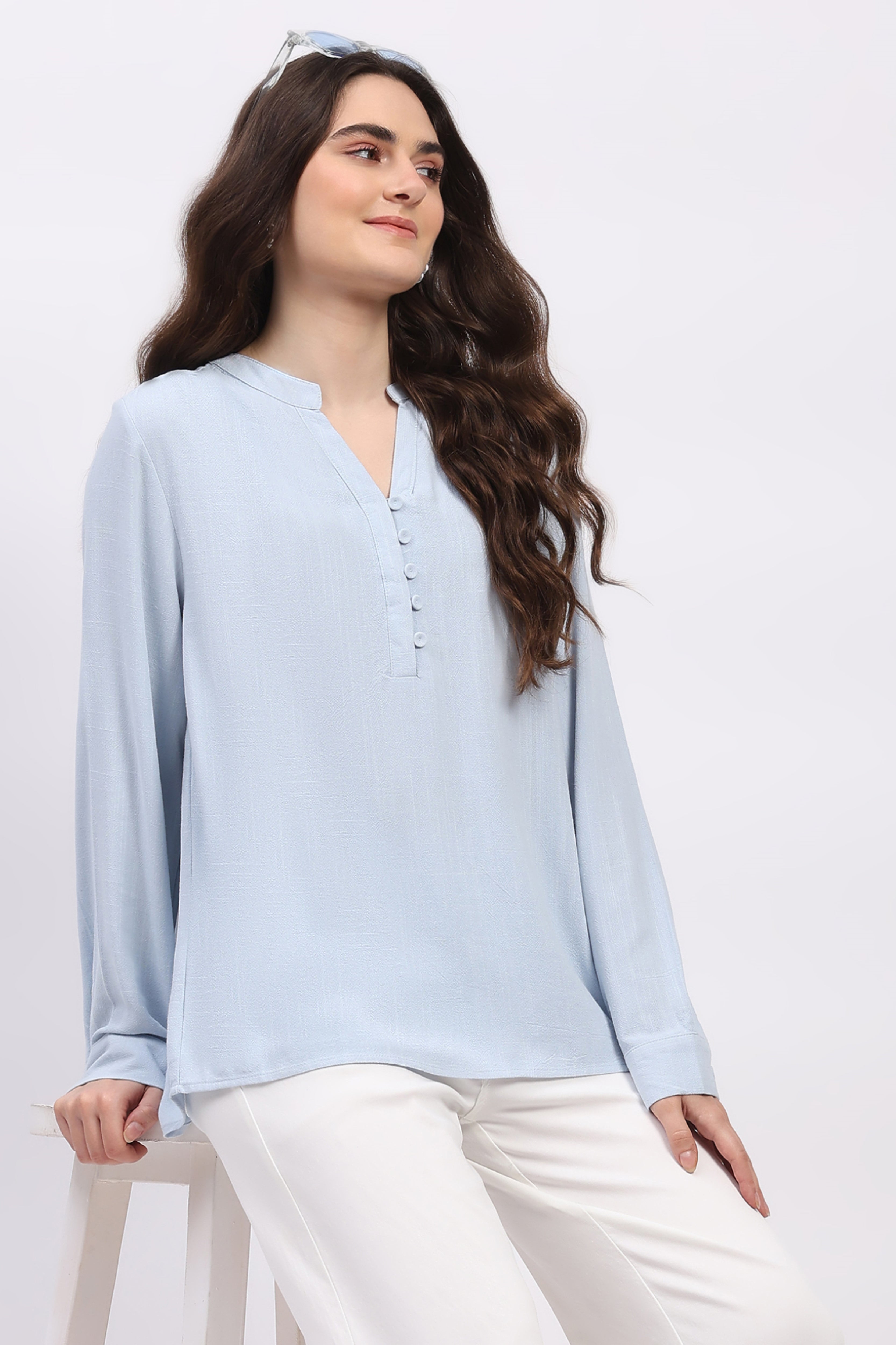 Light Blue Cotton Linen Blouson Top
