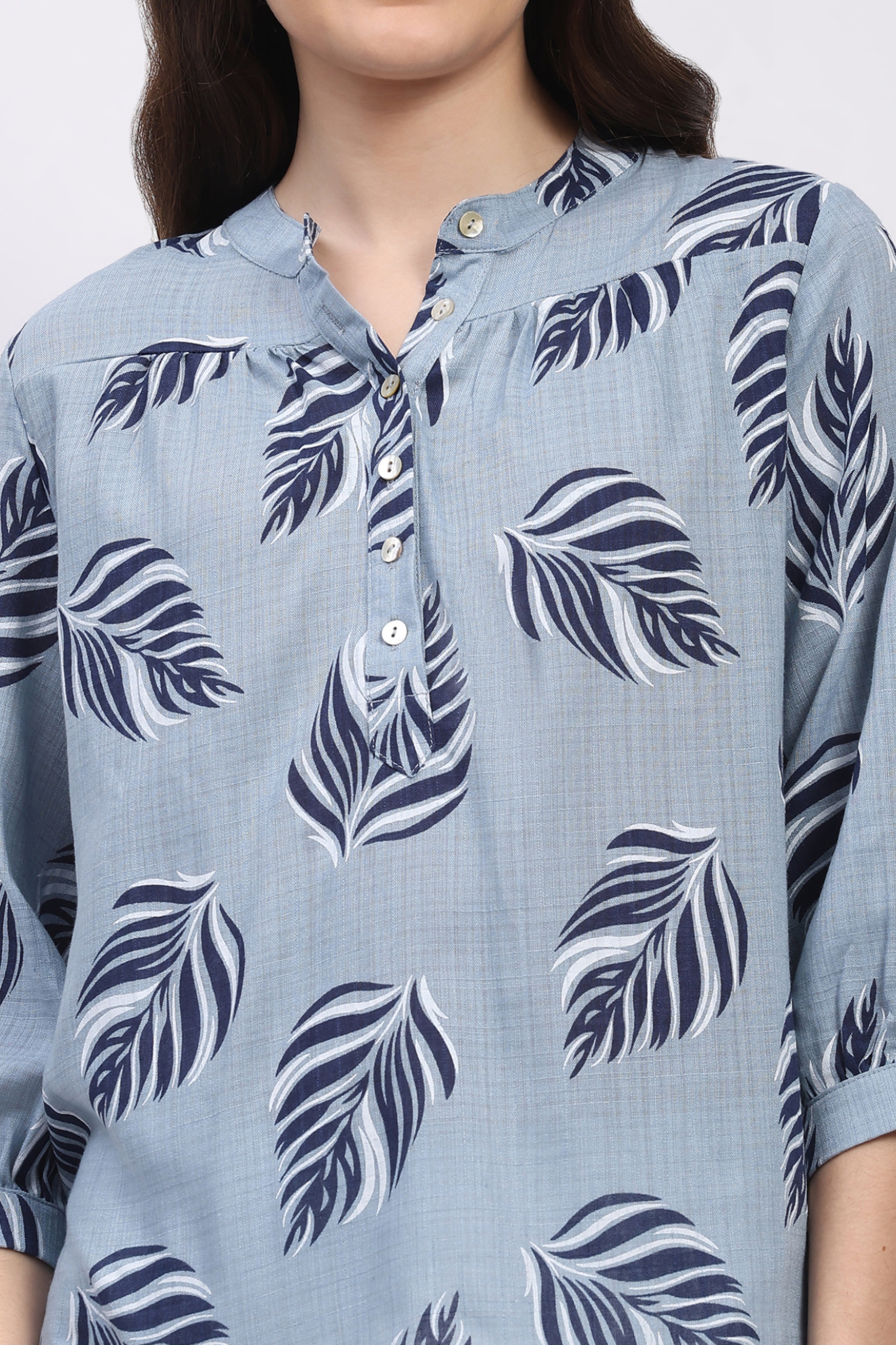 Sky Blue Leaf Print Cotton Top
